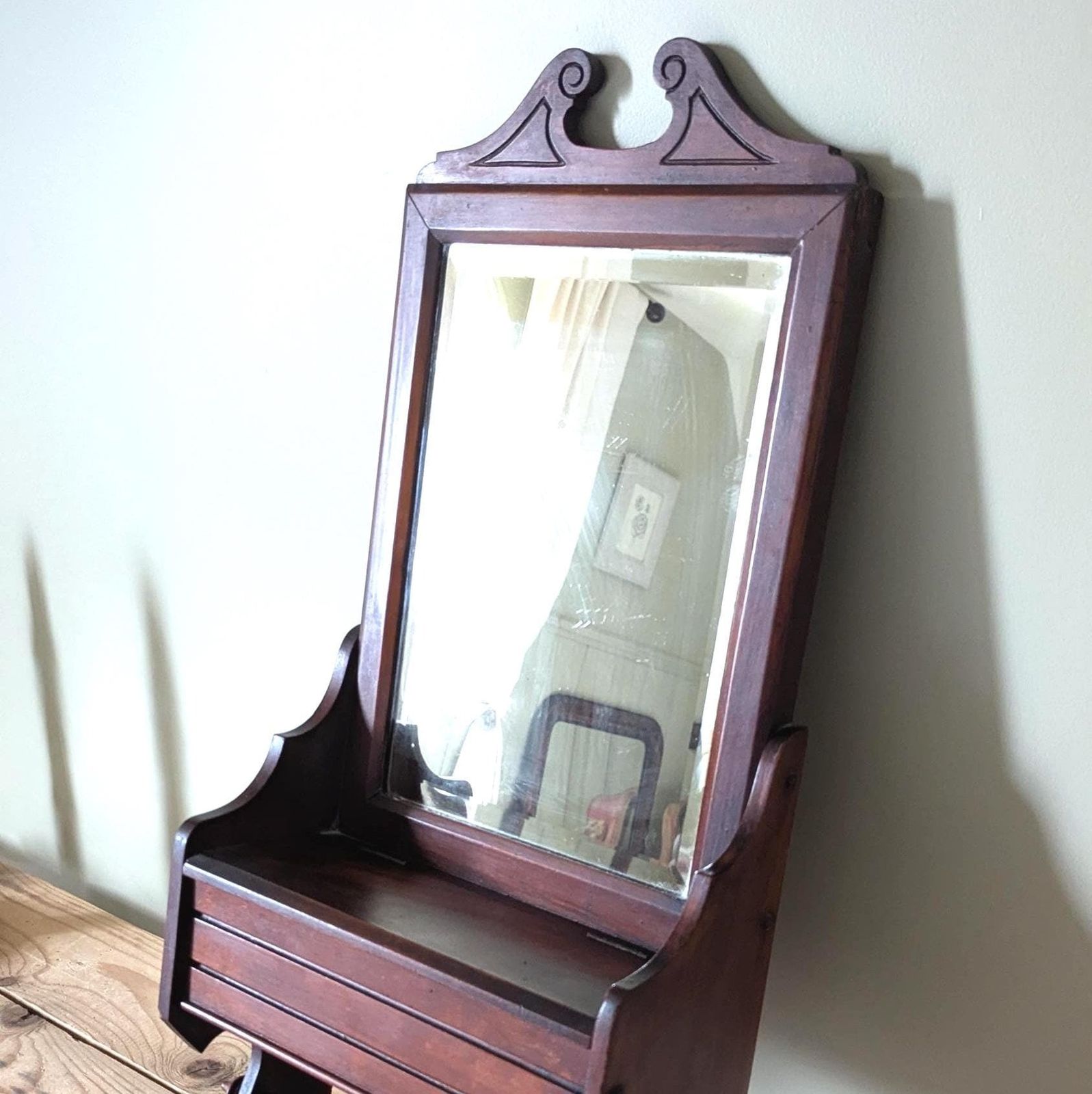 An Antique English Oak Wall Mirror With Shelf And Hanging Rail Bathroom Mirror C1900. photo furniture