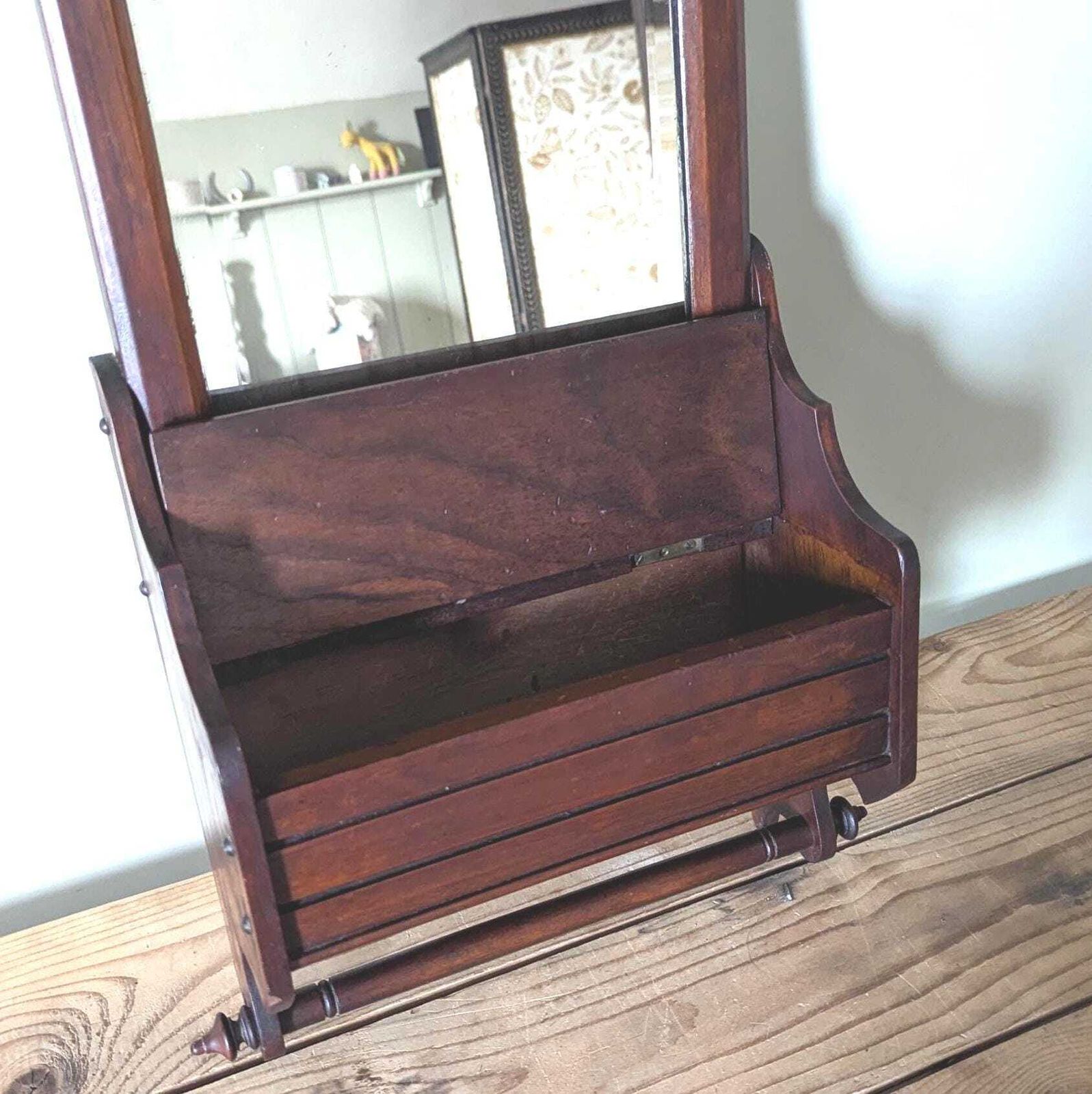 An Antique English Oak Wall Mirror With Shelf And Hanging Rail Bathroom Mirror C1900. photo 148.0