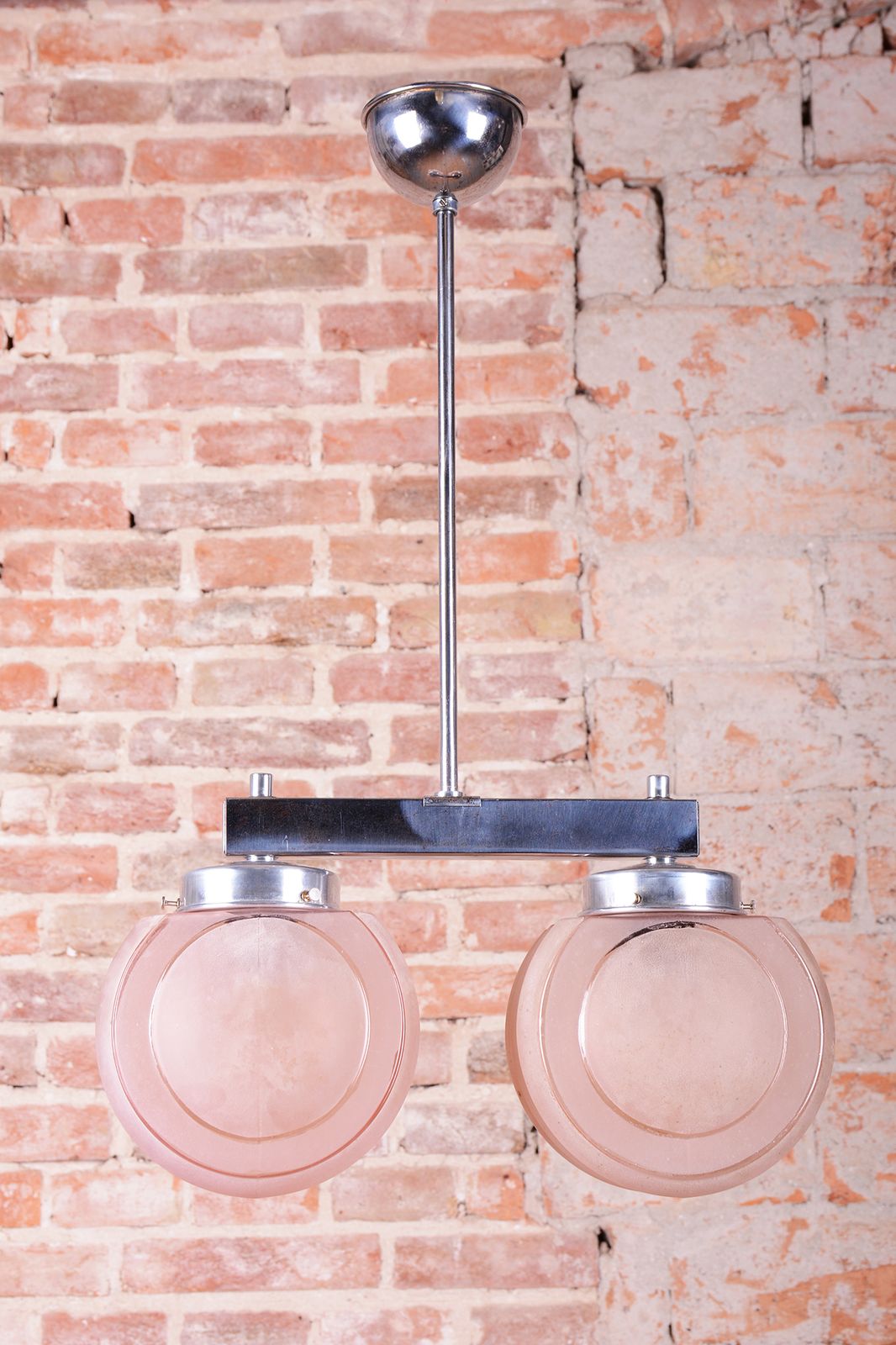 Restored Art Deco Chandelier, Chrome Plated Steel, Opaline Glass, Czech, 1930s photo furniture