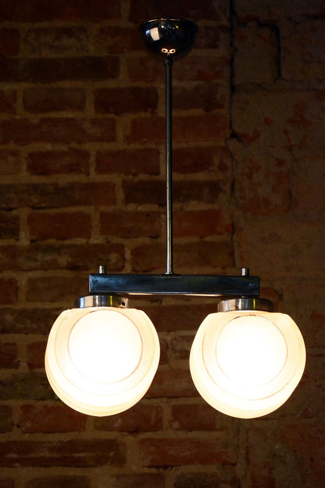 Restored Art Deco Chandelier, Chrome Plated Steel, Opaline Glass, Czech, 1930s photo buy