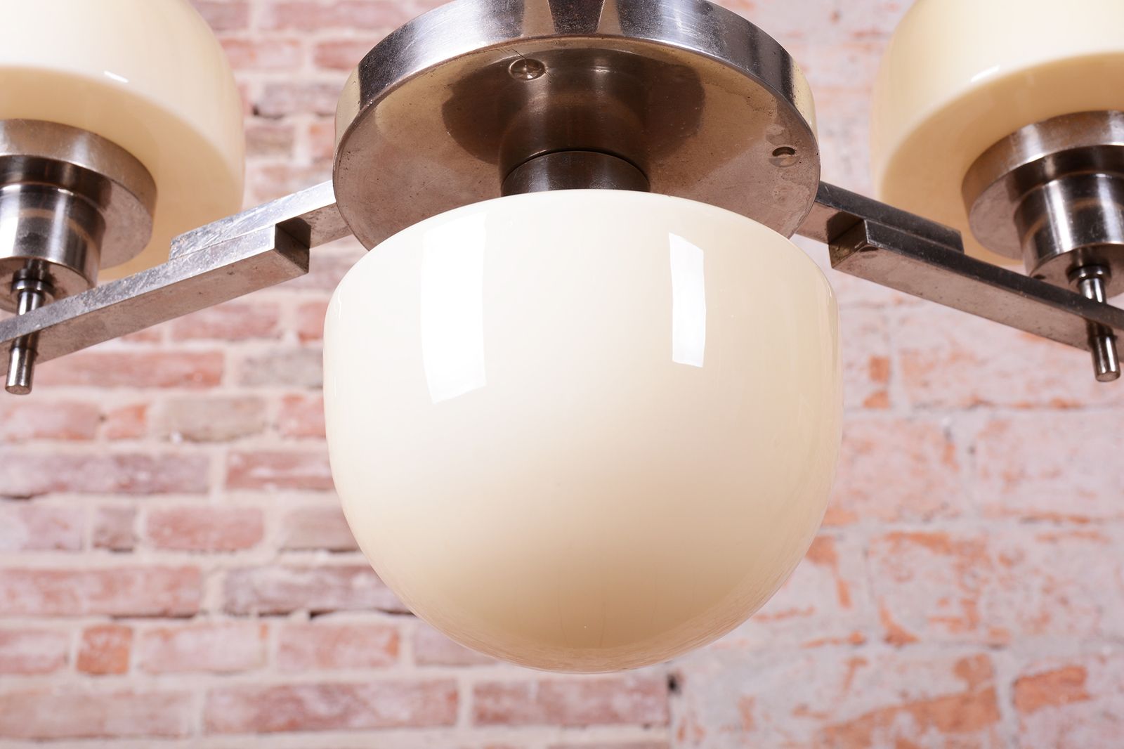 Restored Art Deco Chandelier, Chrome Plated Steel, Opaline Glass, Czech, 1930s photo Lighting