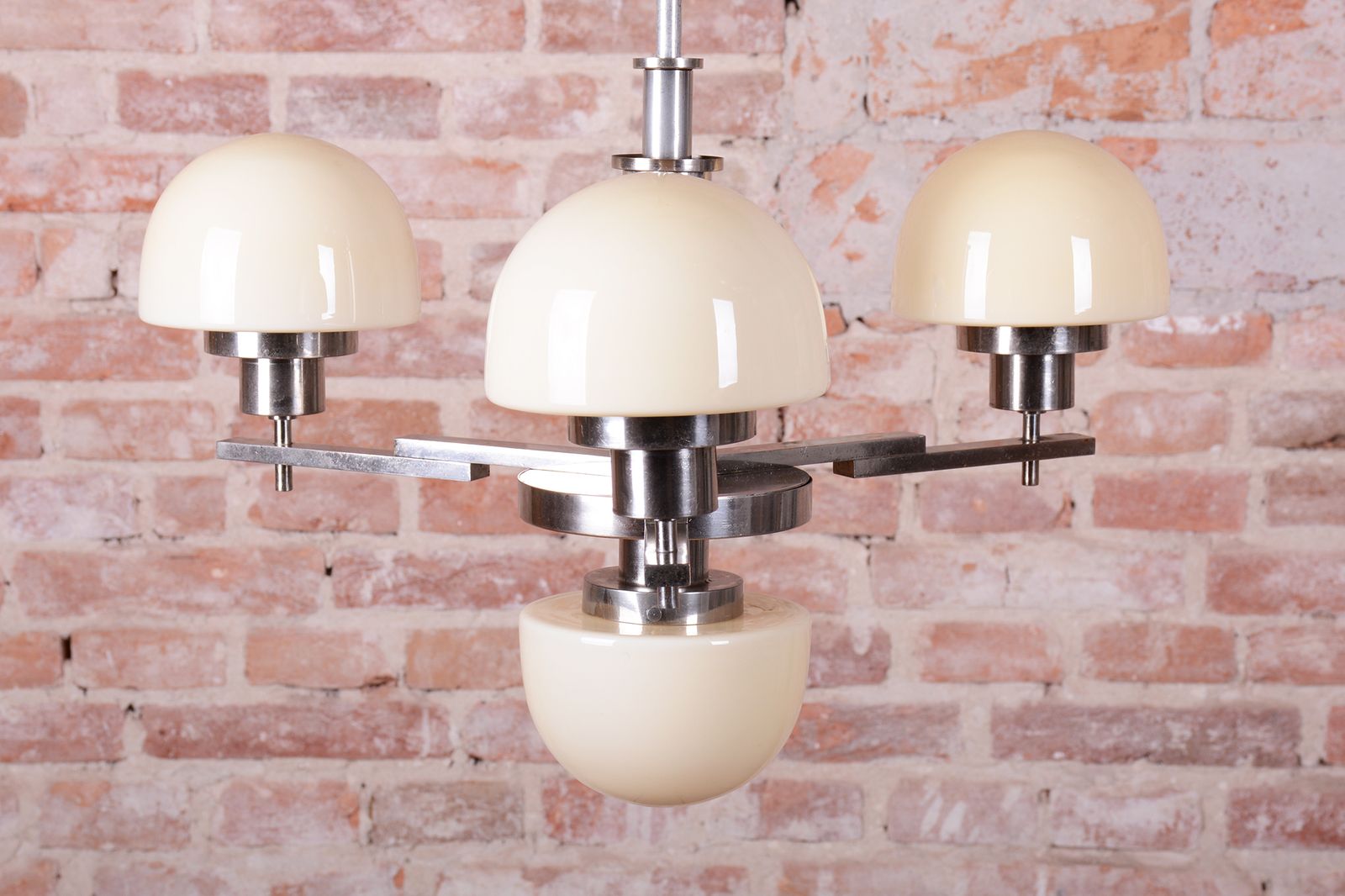 Restored Art Deco Chandelier, Chrome Plated Steel, Opaline Glass, Czech, 1930s photo buy