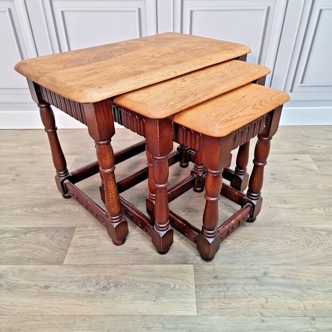 Vintage Nest Of Tables 3 Solid Oak Wooden Coffee Side Lamp Turned Wood Retro