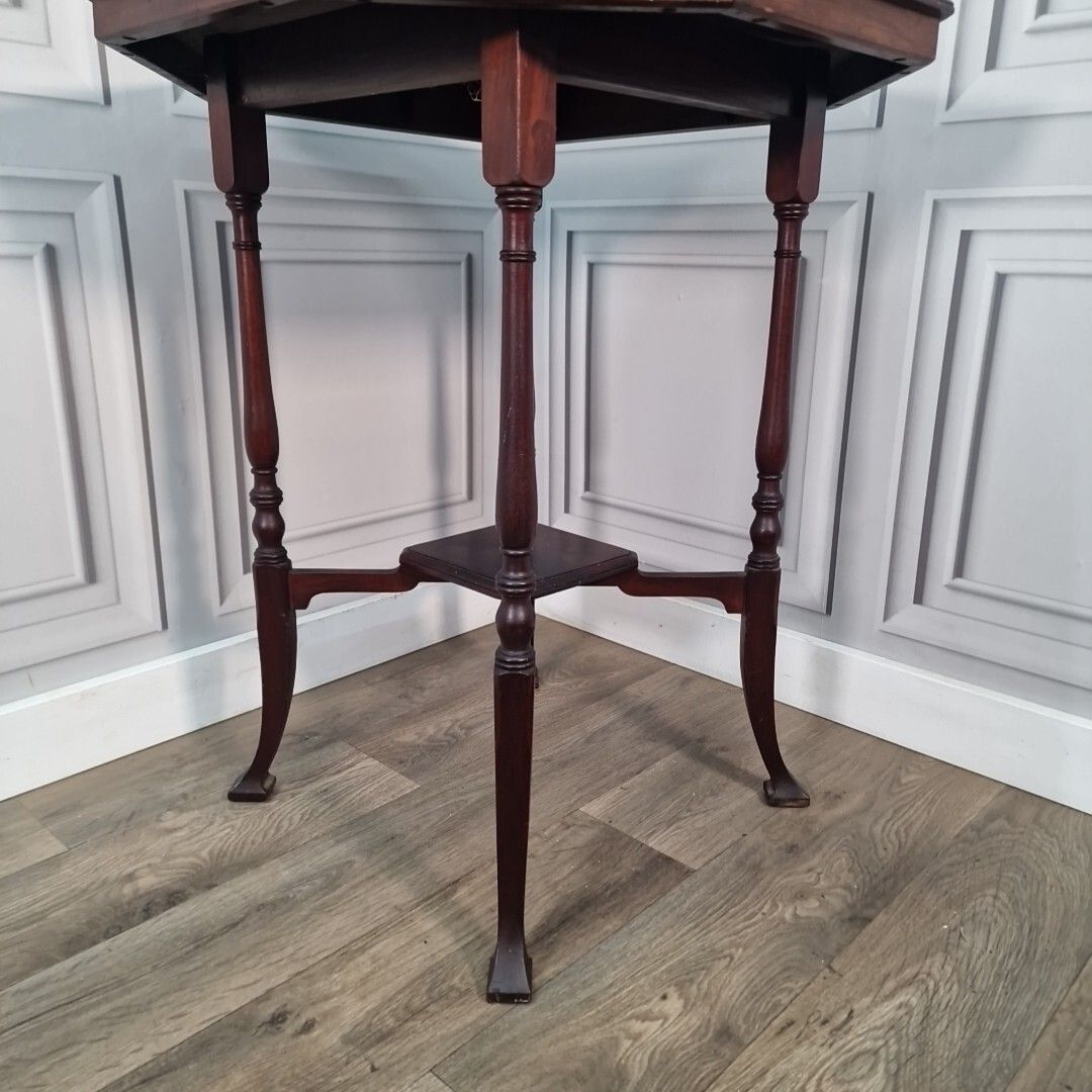 photo furniture Antique Side Table Wooden Arts & Crafts Octagonal 2 Tier Hardwood Window Wine