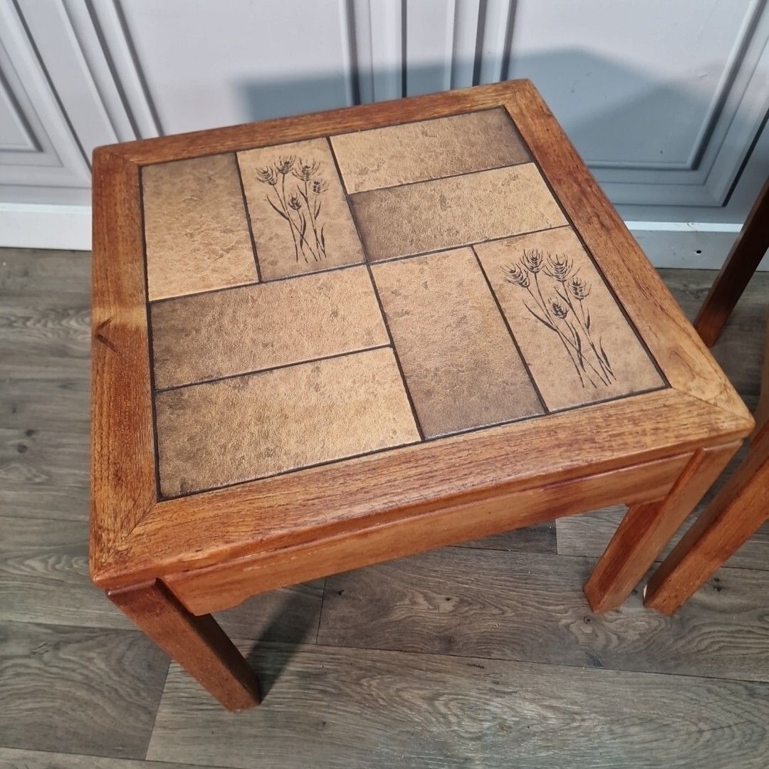 Retro Pair Side Tables 2 Small Mid Century Teak Tiled Wooden Coffee Bedside photo buy