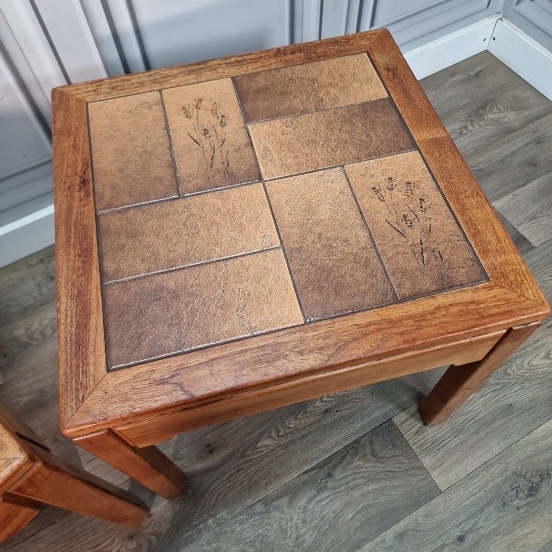 Retro Pair Side Tables 2 Small Mid Century Teak Tiled Wooden Coffee Bedside photo vintage
