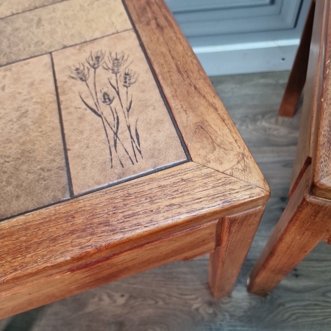 photo furniture Retro Pair Side Tables 2 Small Mid Century Teak Tiled Wooden Coffee Bedside