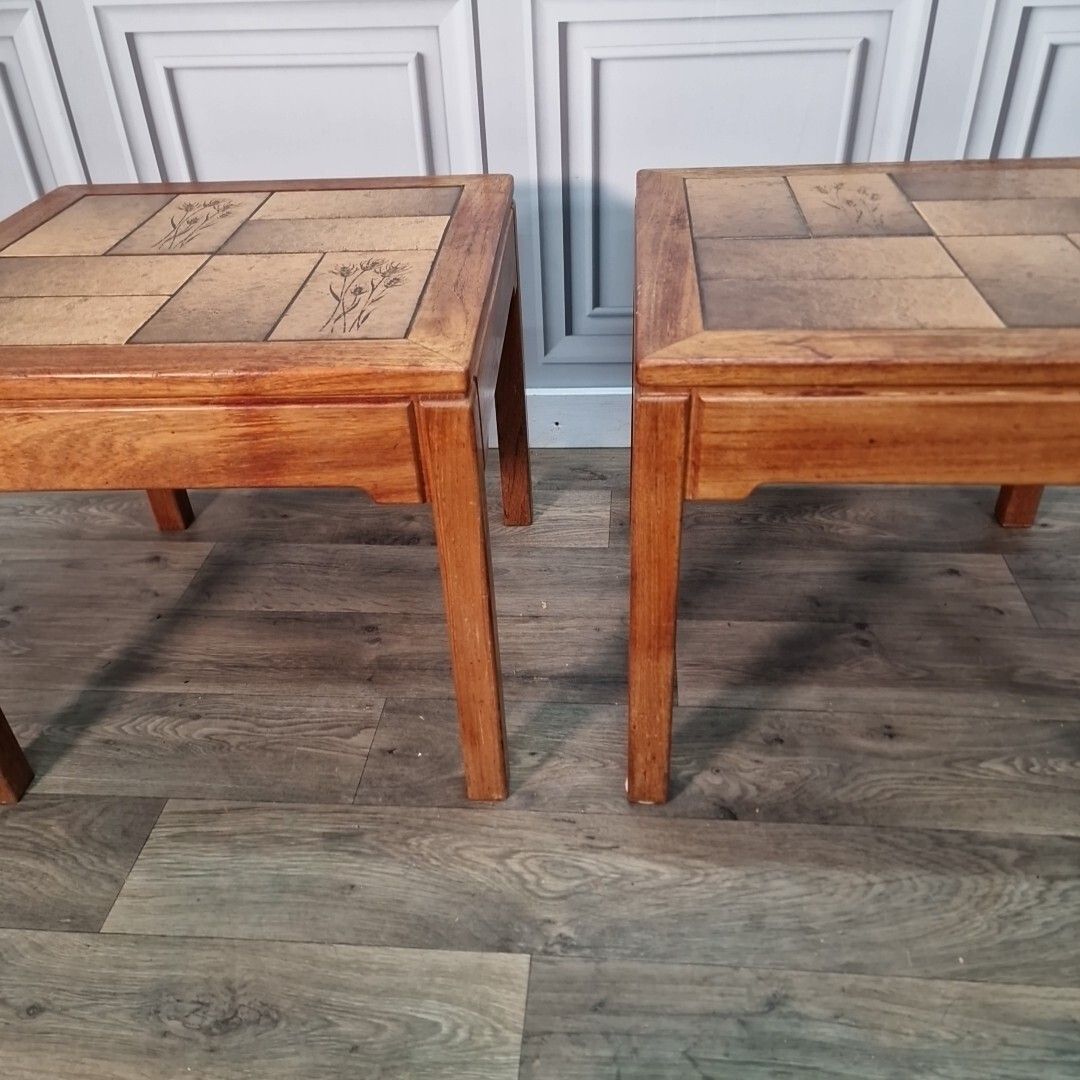 photo vinterior Retro Pair Side Tables 2 Small Mid Century Teak Tiled Wooden Coffee Bedside