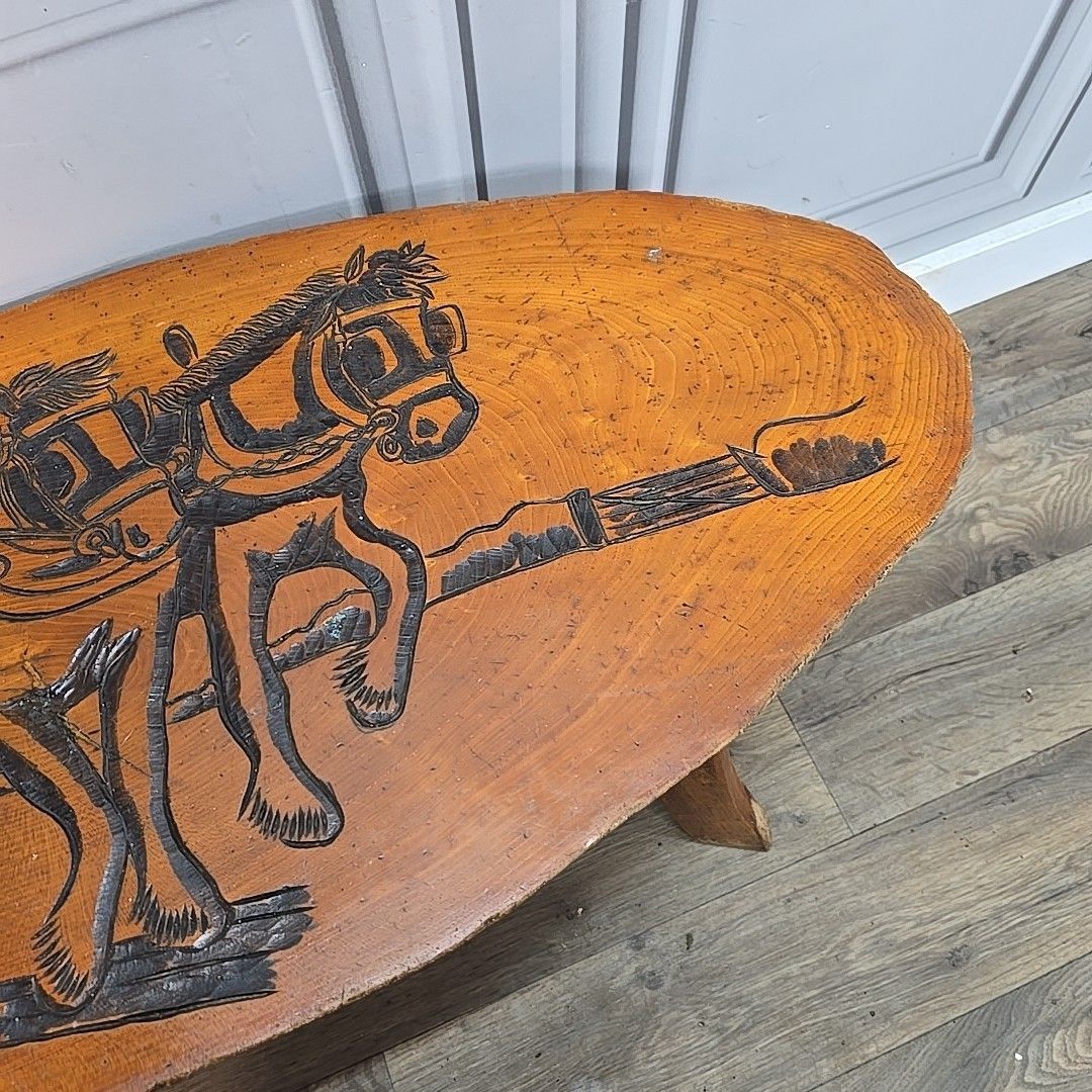photo furniture Vintage Rustic Coffee Table Carved Hardwood Slab Top Folk Art Horse Scene Iroko?