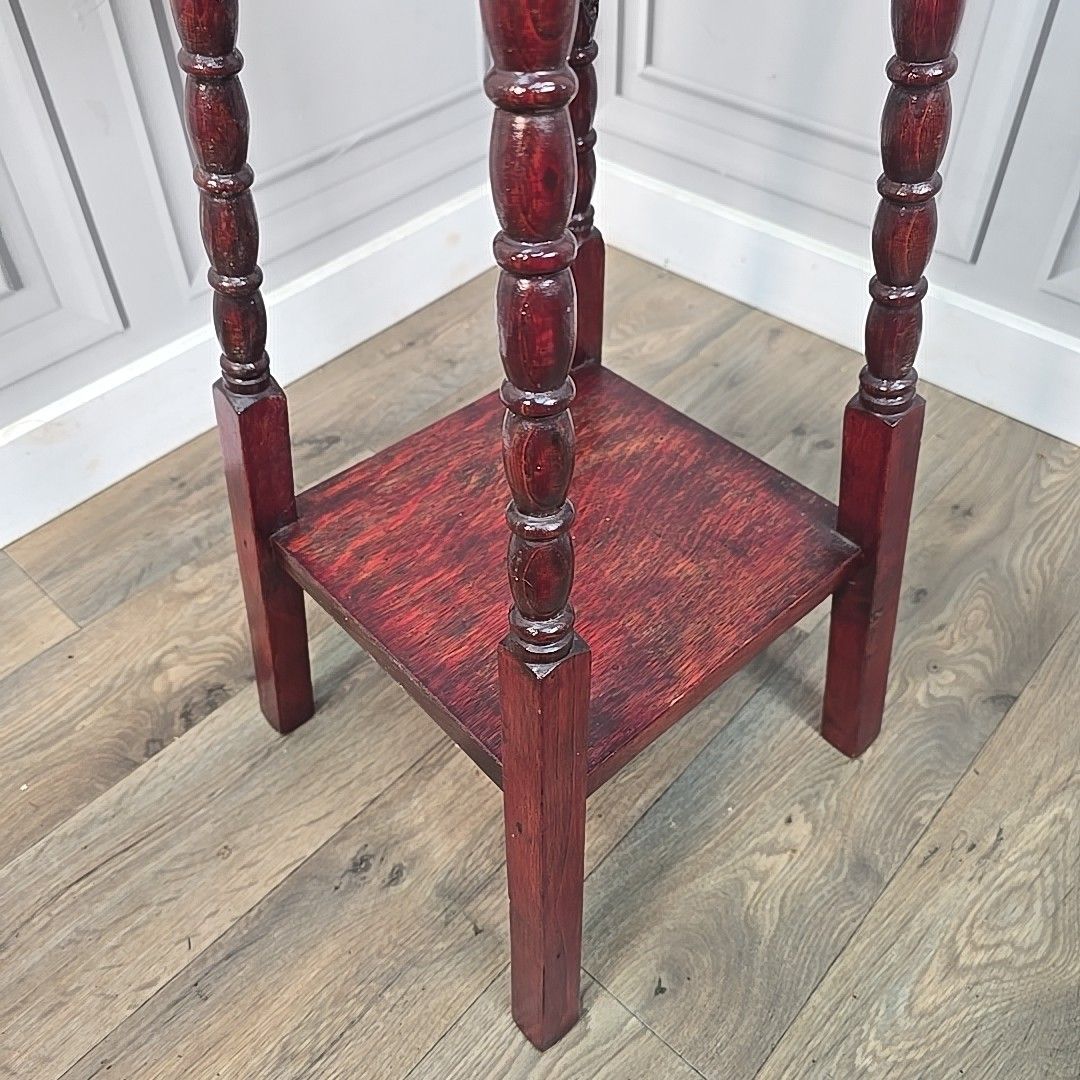 Antique Plant Stand Lamp Table – Turned Oak Legs & Bobbin Trim Mahogany Finish photo buy