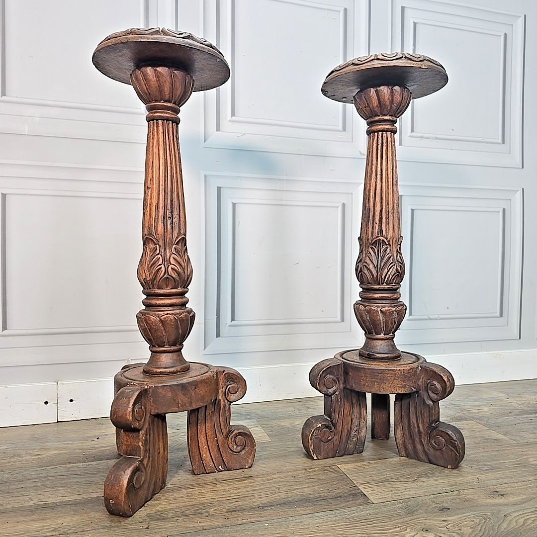 Antique Pair Plant Stands Gothic Revival Carved Walnut Tripod Torchères Candle
