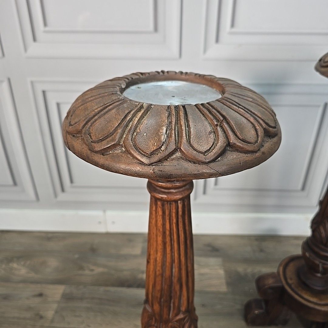 Antique Pair Plant Stands Gothic Revival Carved Walnut Tripod Torchères Candle photo Home Decor