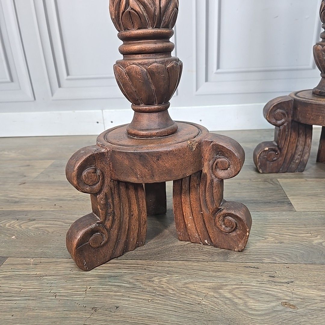 Antique Pair Plant Stands Gothic Revival Carved Walnut Tripod Torchères Candle photo vinterior