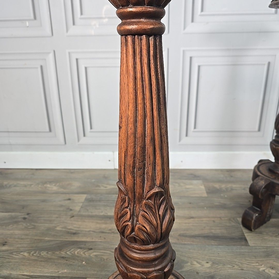 photo buy Antique Pair Plant Stands Gothic Revival Carved Walnut Tripod Torchères Candle