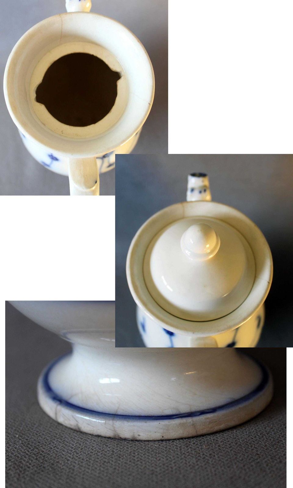 photo vintage Antiek 19e Eeuws Aardewerken Grote Koffiepot, Wit Met Handgeschilderd Blauw Uienpatroon, Drakenkop Tuit, Deksel Niet Bijbehorend
