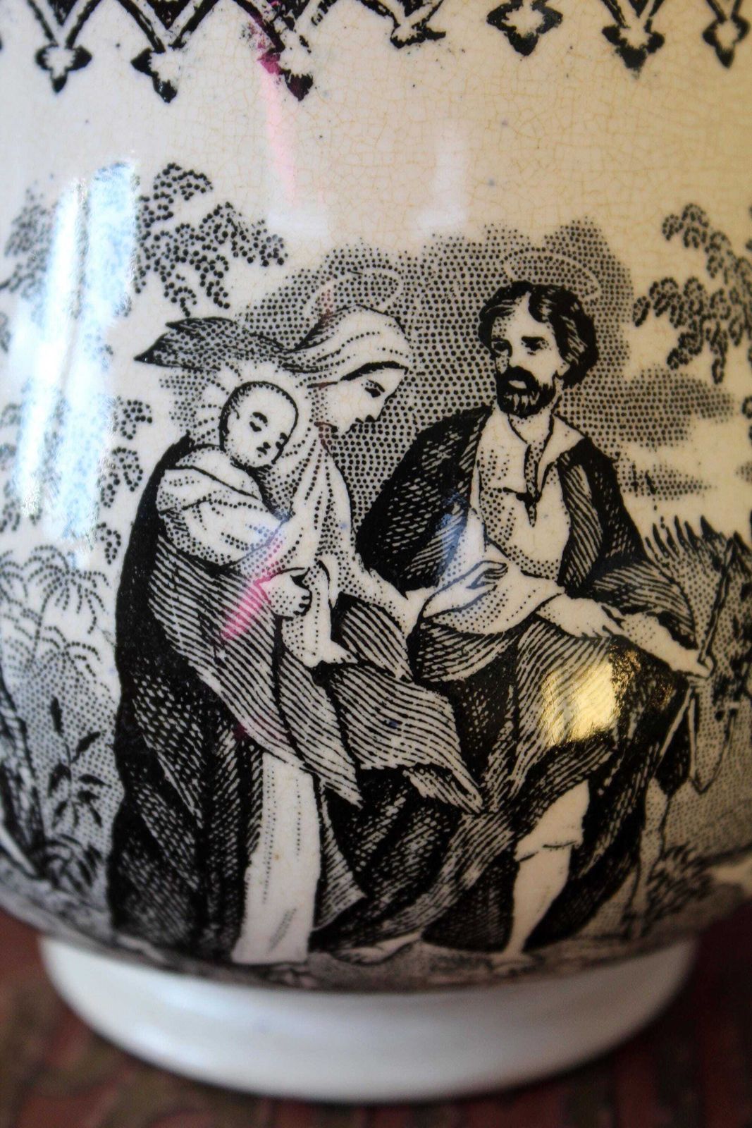 Large Antique 19th Century Ceramic Jug, Cream Milk Pitcher, Religious Jesus Virgin Mary, England French Black And White Transferware, Repair photo for sale