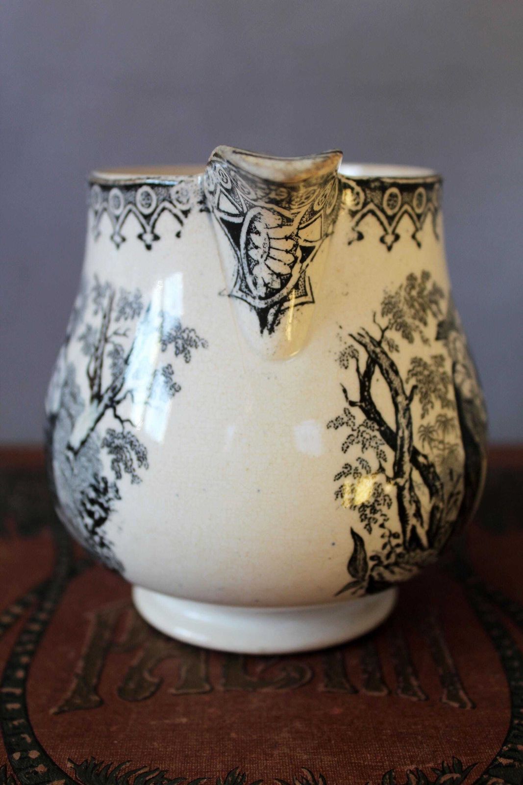 Large Antique 19th Century Ceramic Jug, Cream Milk Pitcher, Religious Jesus Virgin Mary, England French Black And White Transferware, Repair photo vinterior