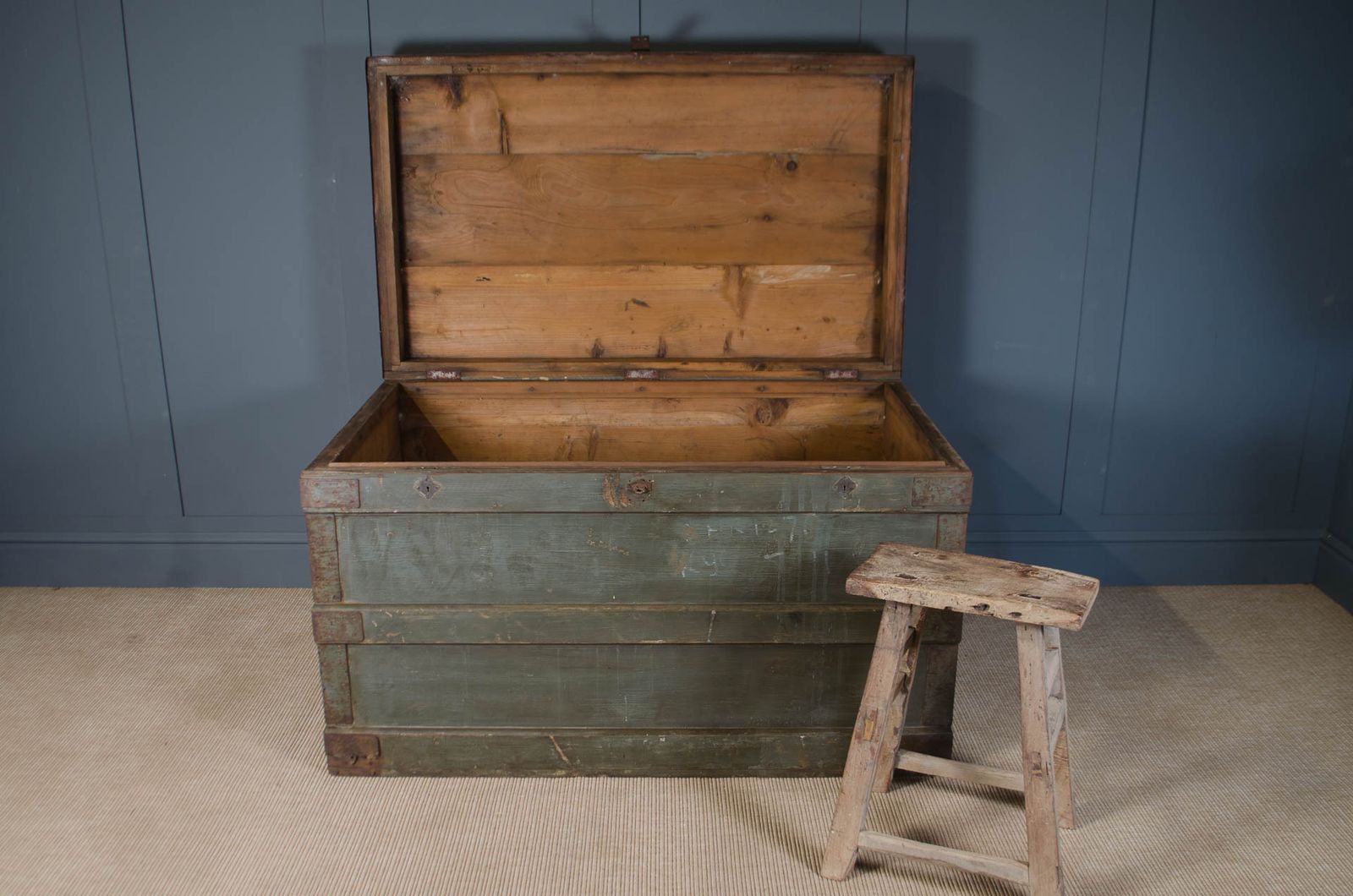Large Antique Military Storage Chest With Original Green Paint & Iron Fittings photo furniture
