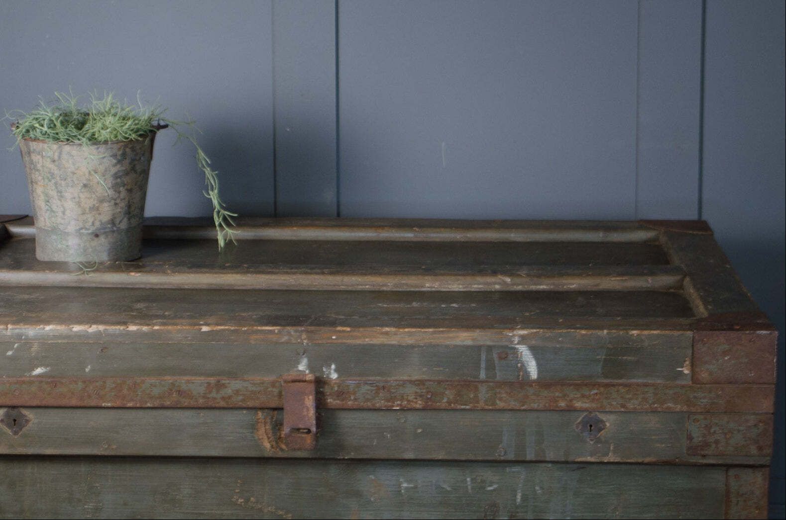Large Antique Military Storage Chest With Original Green Paint & Iron Fittings photo Furniture