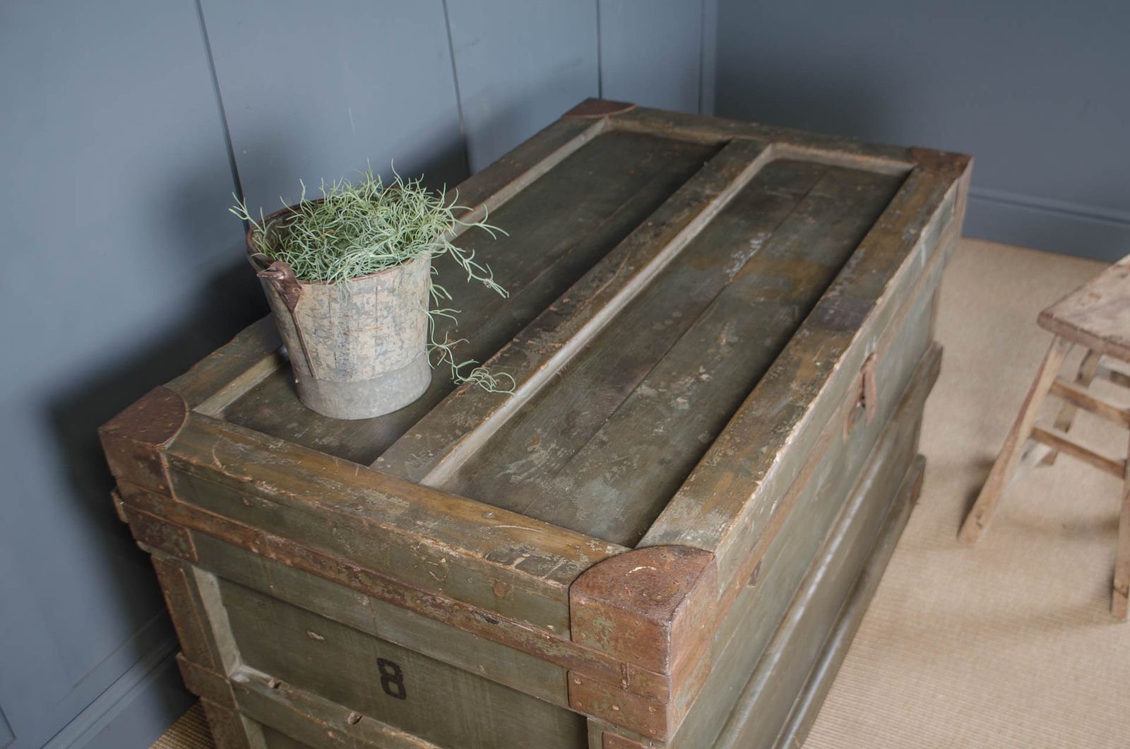 Large Antique Military Storage Chest With Original Green Paint & Iron Fittings photo vinterior