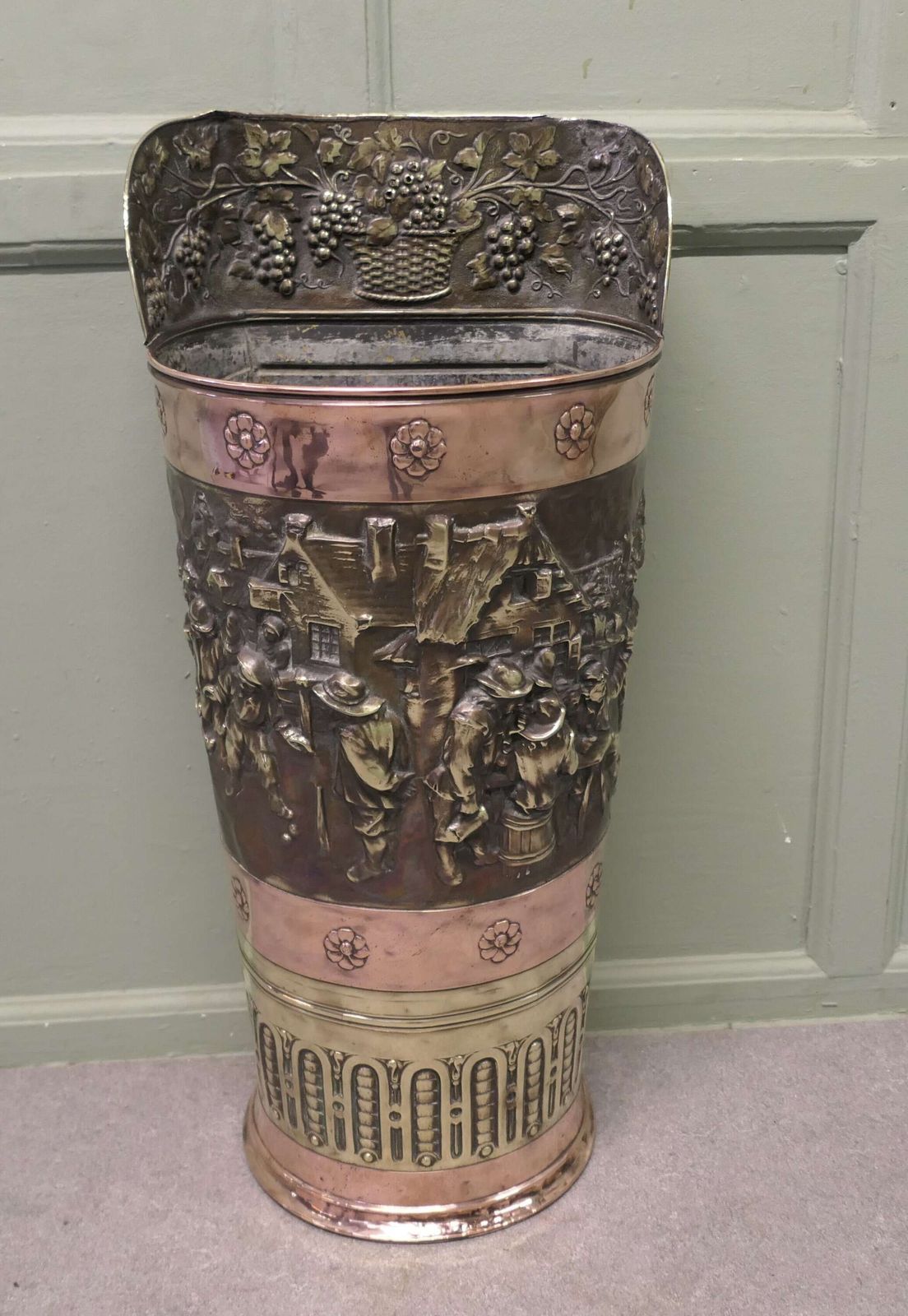 Very Large French Arts And Crafts Embossed Brass Stick Stand This Is An Impressive Piece