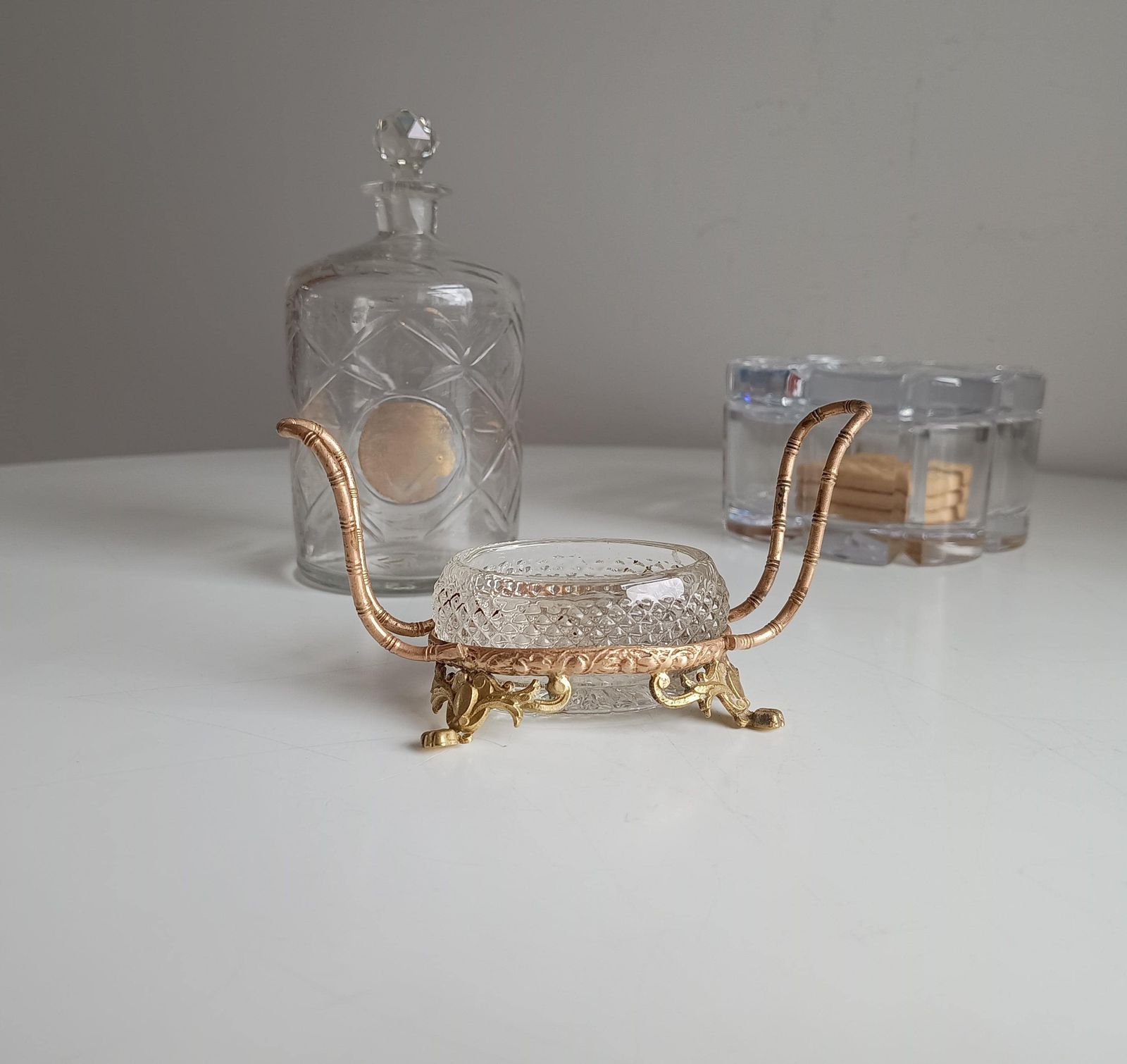 photo vintage Vintage Small French Serving Dish: Ormolu Empire Feet, Faux Bamboo, Seiler Sevres Style 1900