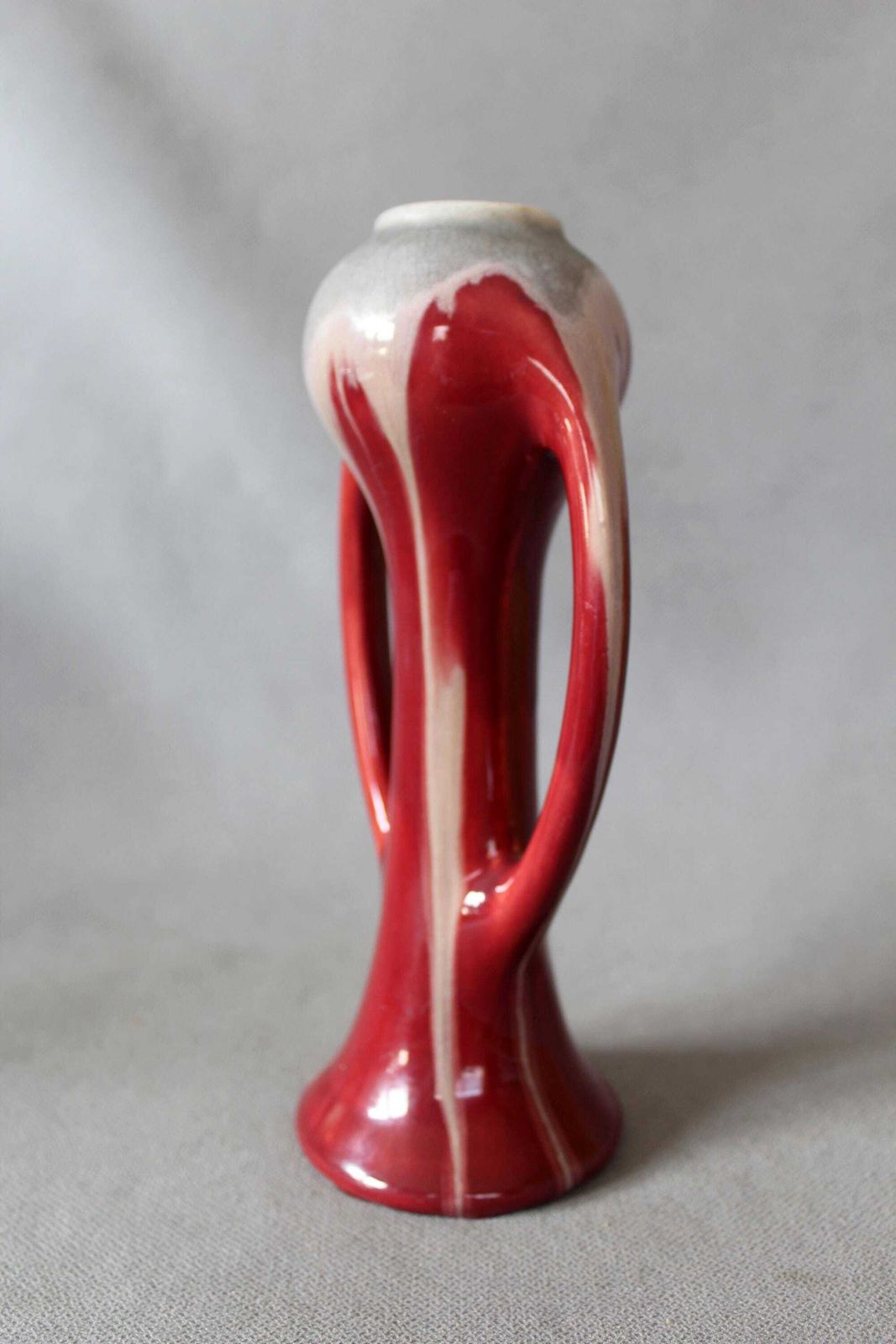 Art Deco 1920s Ceramic Vase, Faiencerie De Thulin Belgium, Drip Glaze, Studio Art, Dark Red Bordeau, Bud Vase, Twin Handle photo furniture