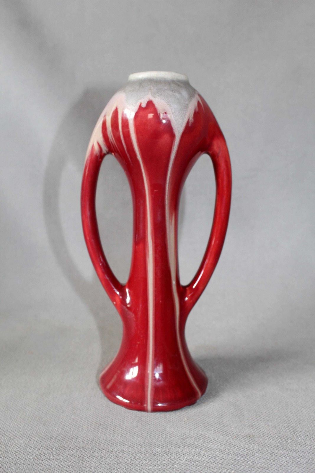 photo for sale Art Deco 1920s Ceramic Vase, Faiencerie De Thulin Belgium, Drip Glaze, Studio Art, Dark Red Bordeau, Bud Vase, Twin Handle