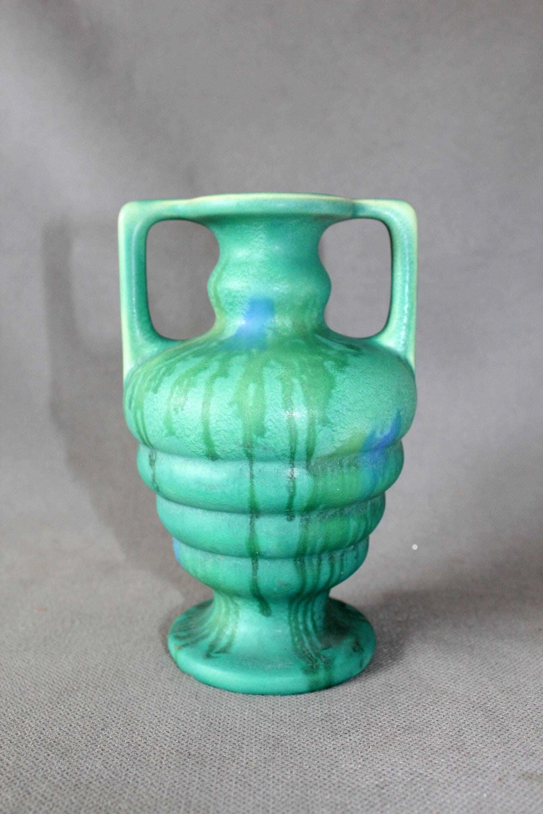 photo vinterior Art Deco Ceramic Vase, Faiencerie De Thulin Belgium, Drip Glaze, Studio Art, Turquoise, Bud Vase, Greek Urn Shape