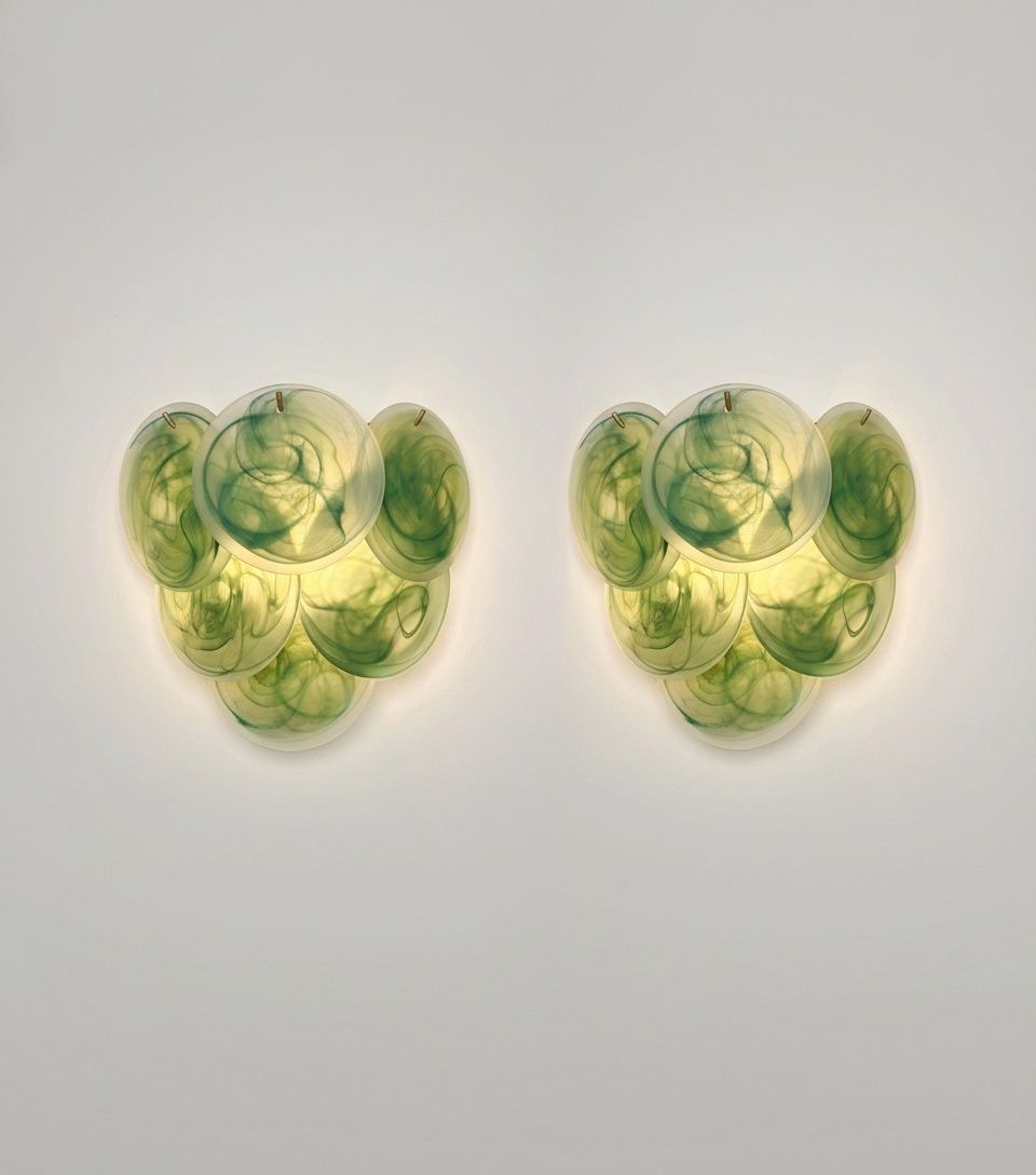 Pair Of Glass Wall Sconces   6 Acid Etched Alabaster Glass Discs photo vintage