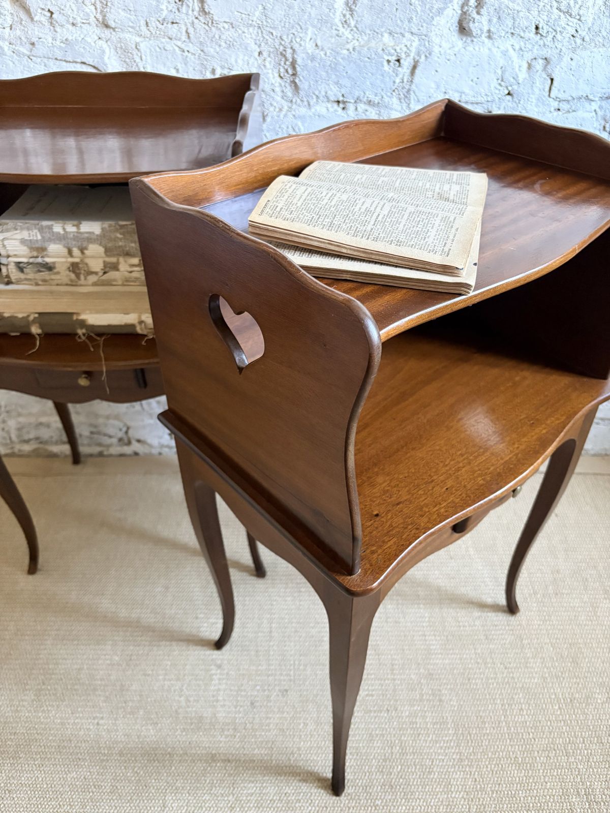 A Pair Of French Bedside Tables With Heart Cut Out Detail photo vintage