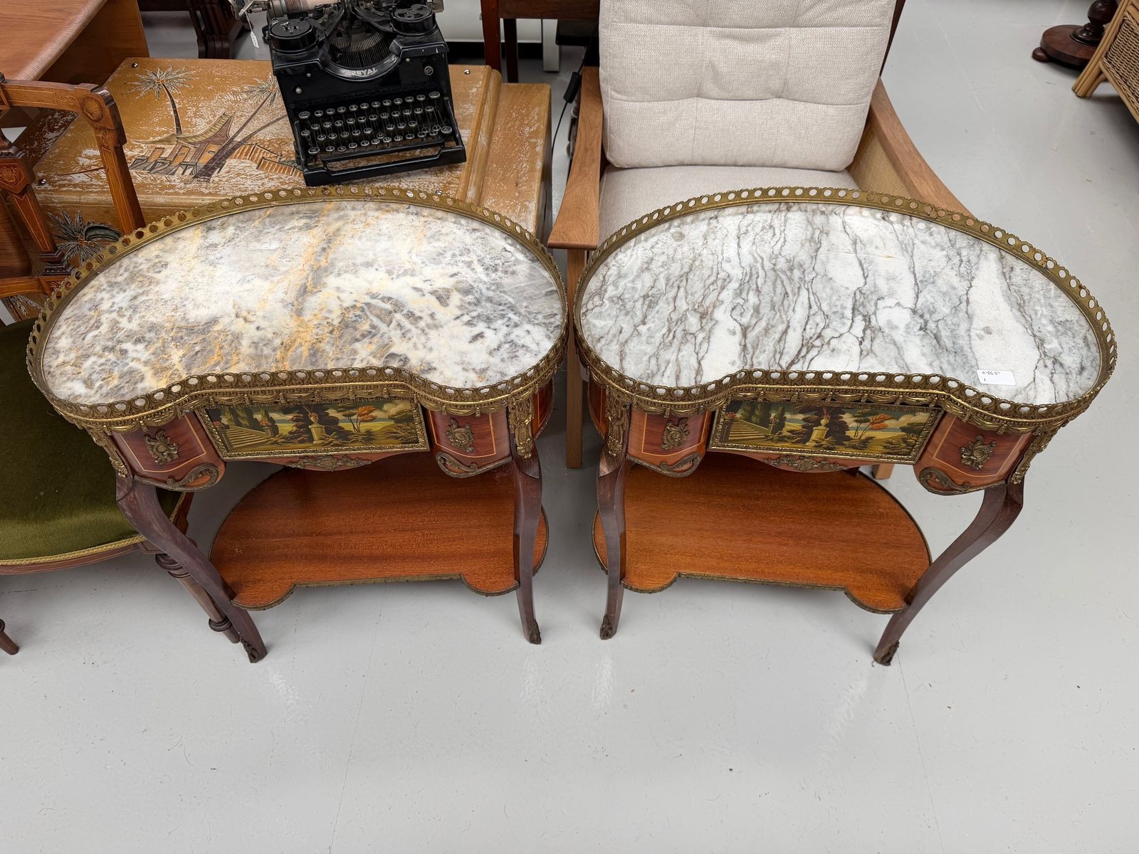 Pair Of French Marble Topped Kidney Shaped Side Tables photo furniture