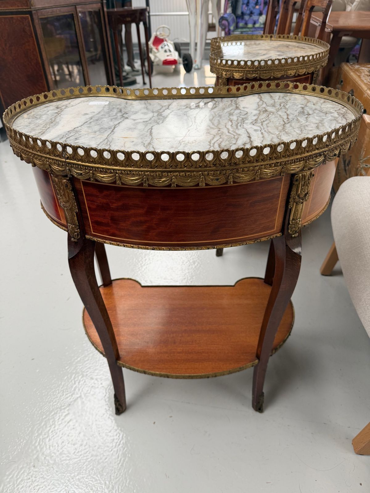 photo for sale Pair Of French Marble Topped Kidney Shaped Side Tables