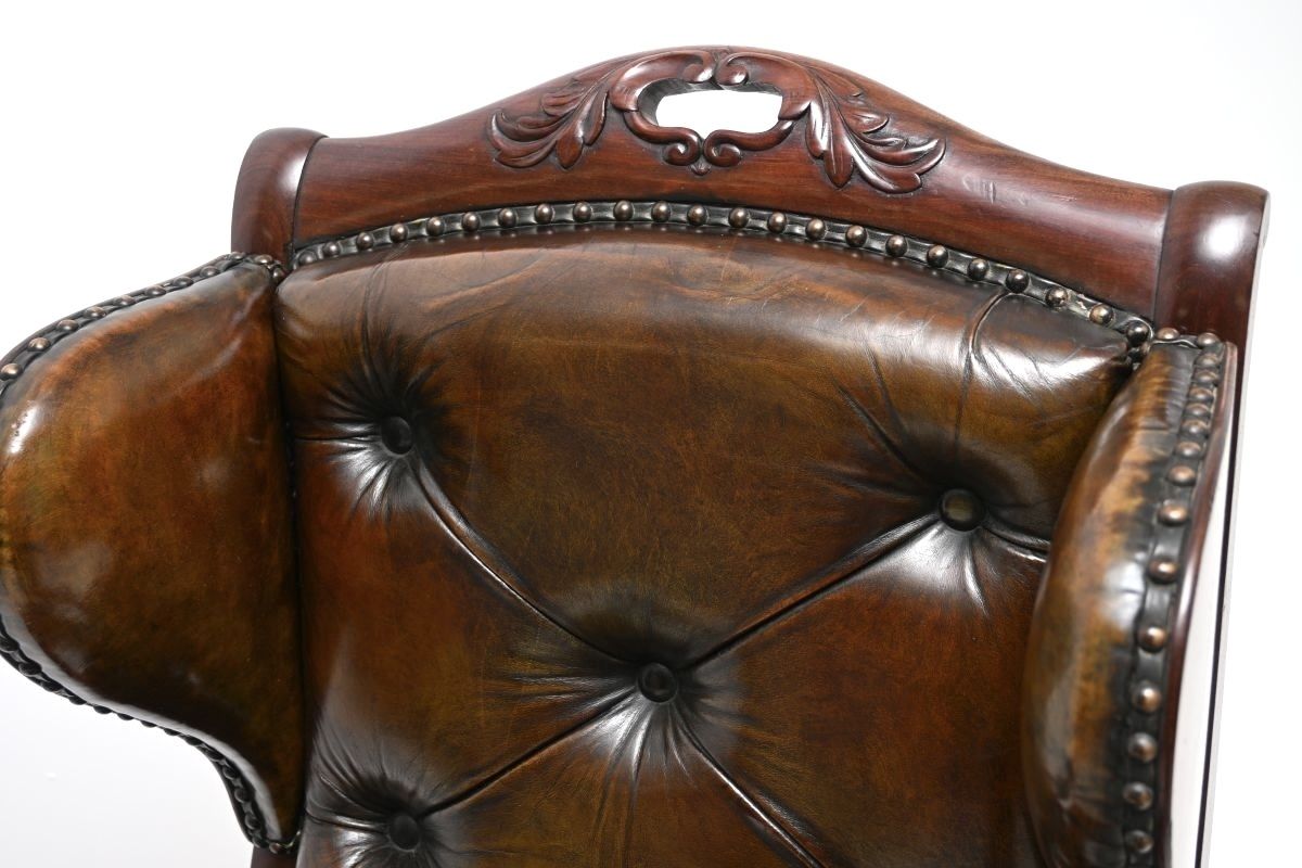 photo for sale Antique William IV Leather And Walnut Wing Back Armchair