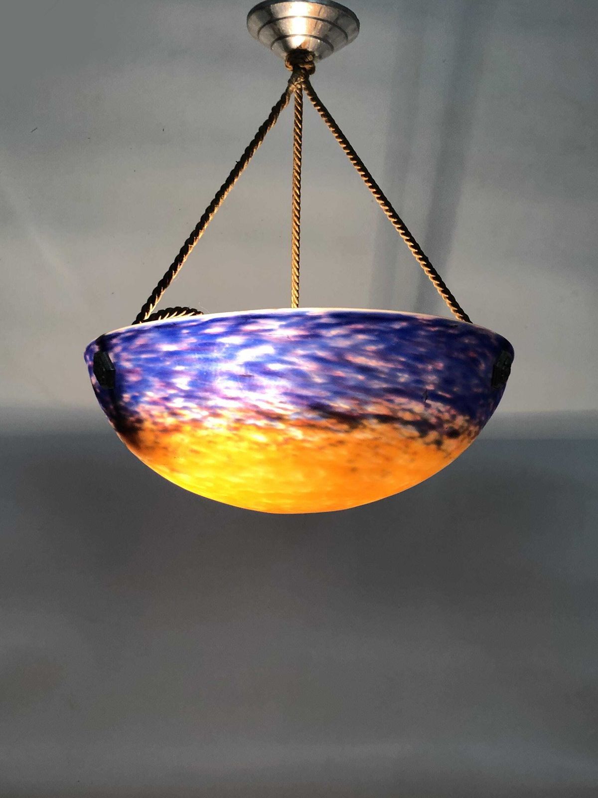 Art Deco 3 Light Pendant Light By Muller Frères Lunéville, In Pâte De Verre, With Geometric Decoration. photo furniture