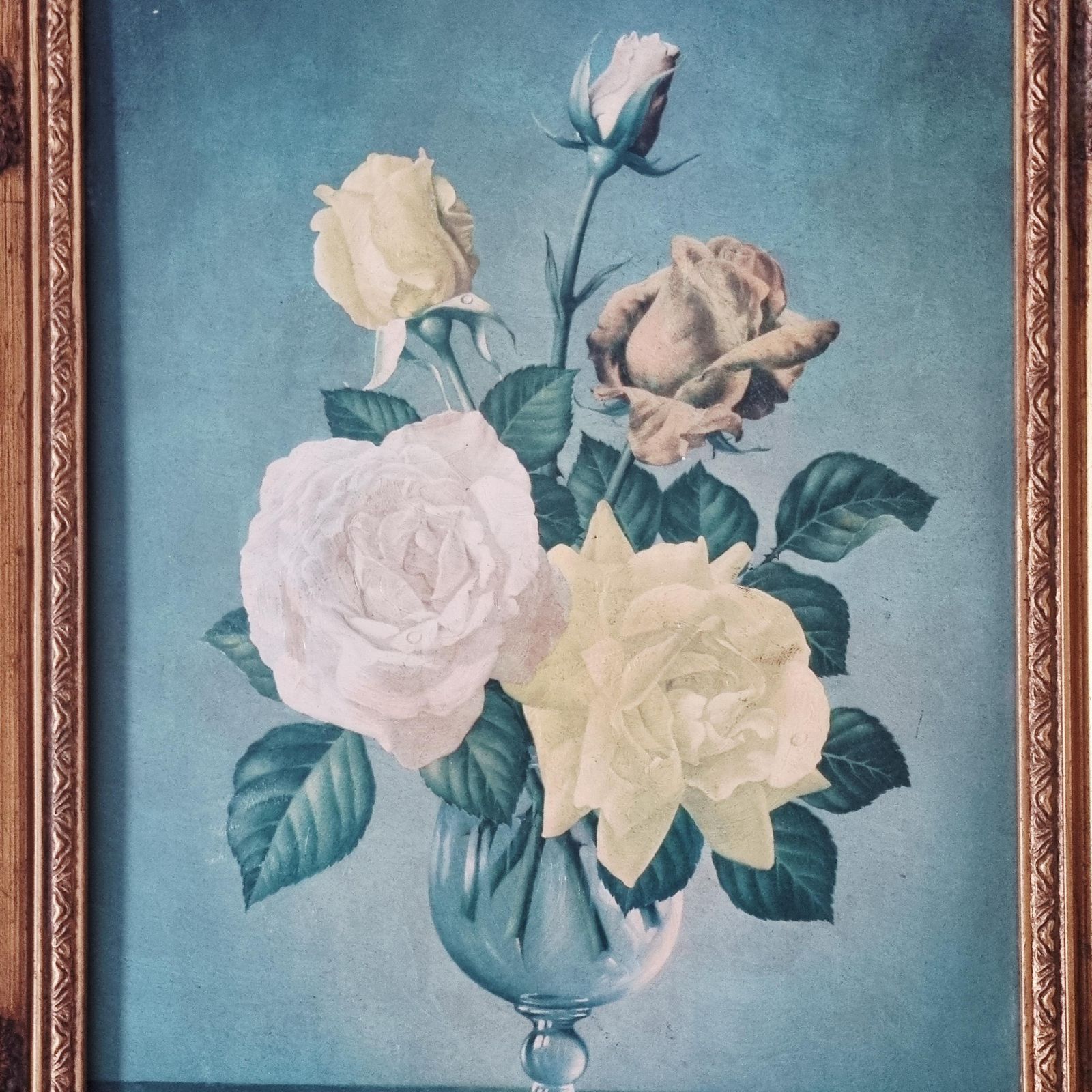 Vintage Original Floral Print By James Noble Depicting Roses In Vase photo vinterior
