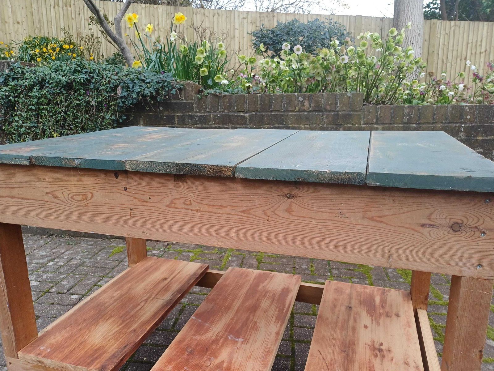 Vintage Pine Workbench Rustic Farmhouse Table Green Painted Top Potting Bench Kitchen Island Industrial Work Table 1960s photo vintage