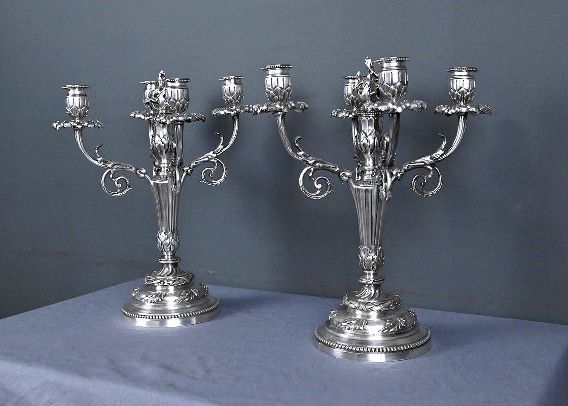 Pair Of Silvered Bronze Candelabra, Louis XVI Style – Late 19th Century photo Home Decor
