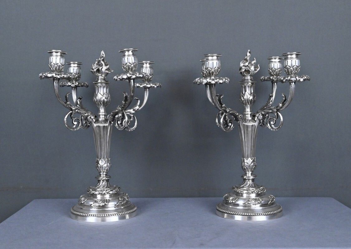 1820.0 Pair Of Silvered Bronze Candelabra, Louis XVI Style – Late 19th Century photo