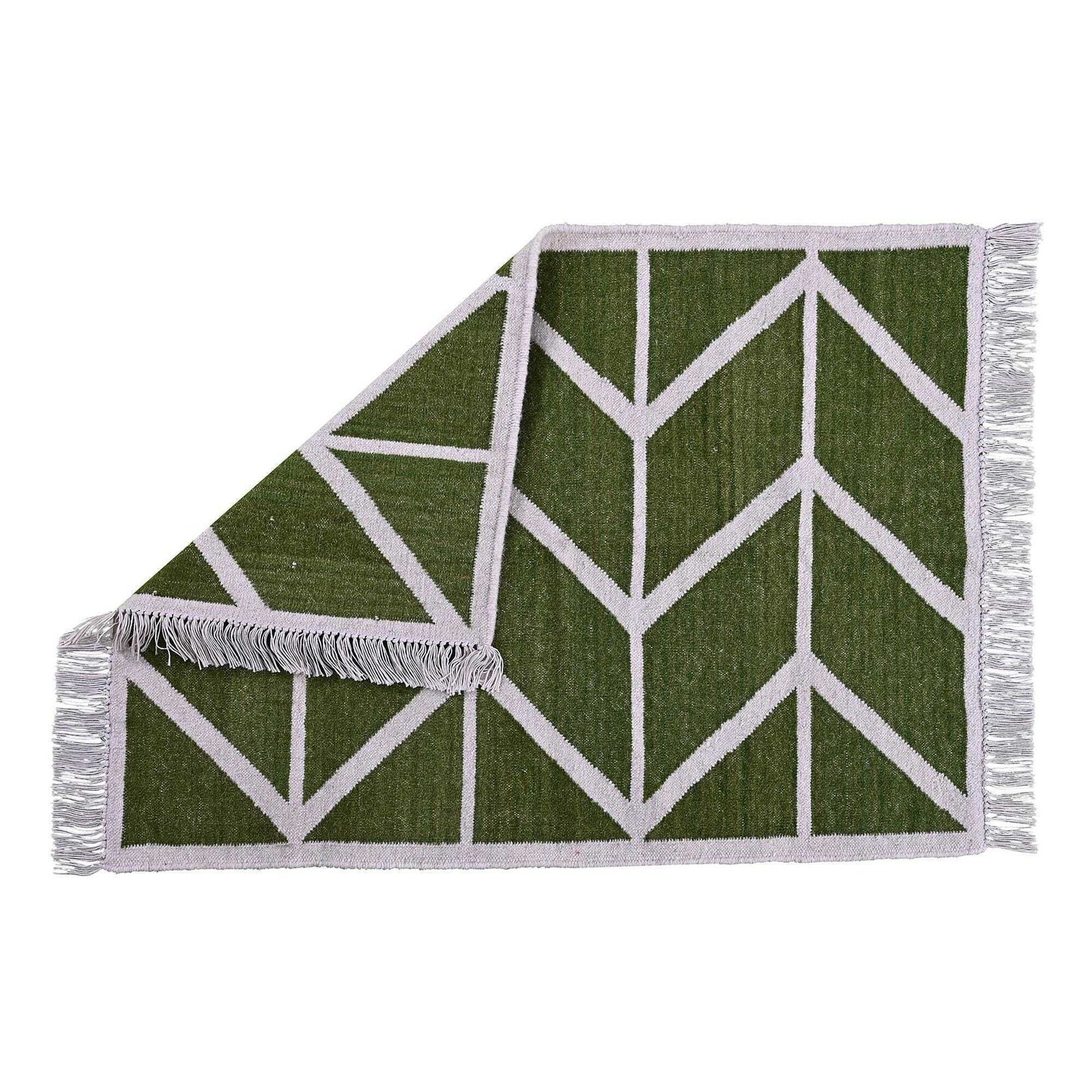 Vintage Handwoven Green Geometric Wool Dhurrie Rug| Flat Weave Dhurrie | 2x3 Ft Indian Killiam photo furniture