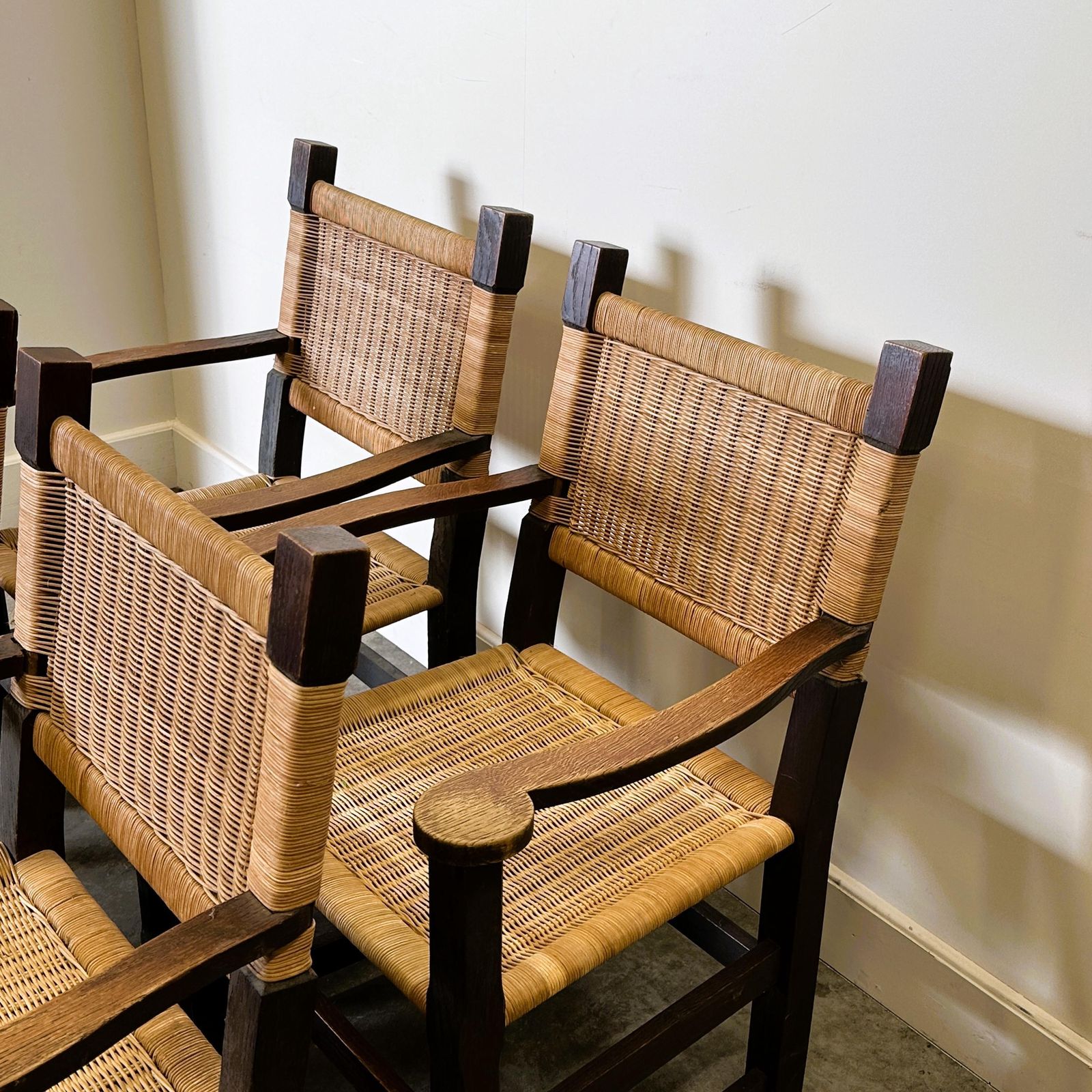 Pair Of Custom Made Oak And Rattan Armchairs, France, 1940s photo vintage