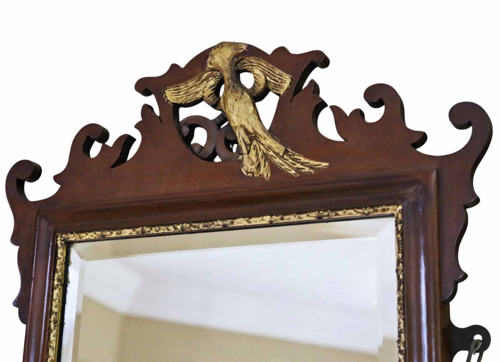 Antique C.1900 Georgian Revival Overmantle Wall Mirror – Fret Cut Gilt & Mahogany, Bevel Edged Glass photo Home Decor