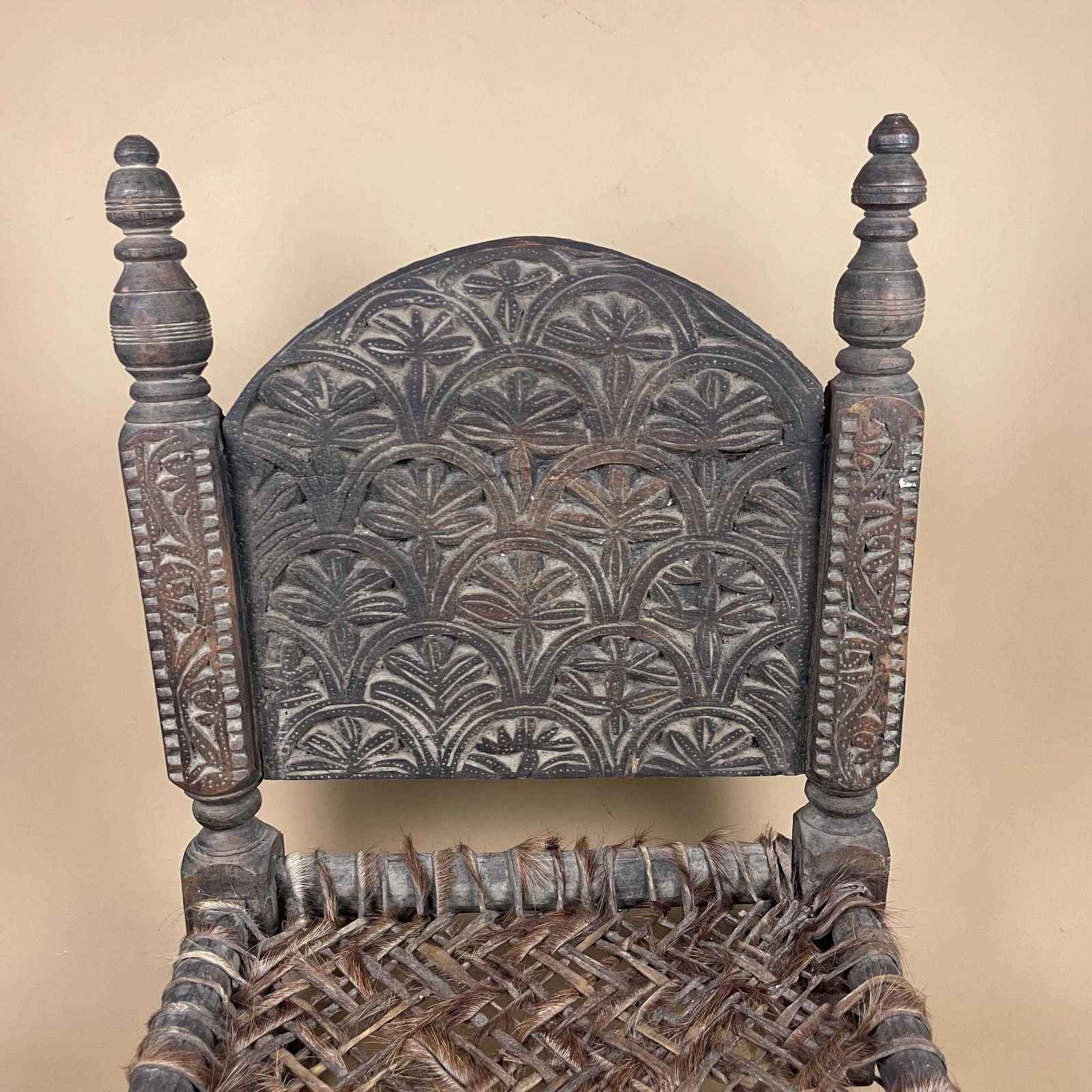 Indian Hand Carved Chair Low Wedding Seat Woven Cowhide Base Pidha Small Traditional Rajasthan India Rustic Late 19th   Early 20th Century photo furniture