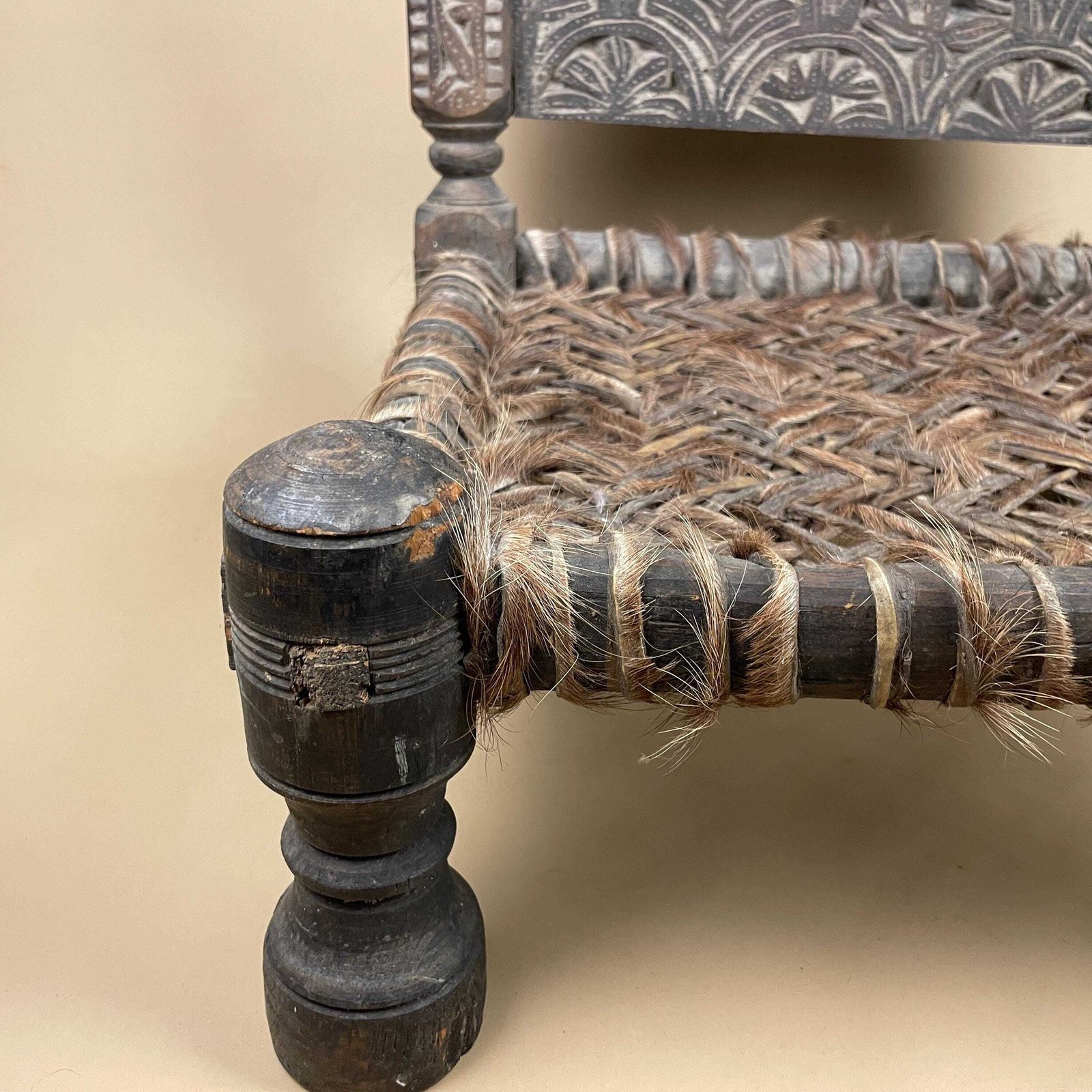 Indian Hand Carved Chair Low Wedding Seat Woven Cowhide Base Pidha Small Traditional Rajasthan India Rustic Late 19th   Early 20th Century photo Furniture