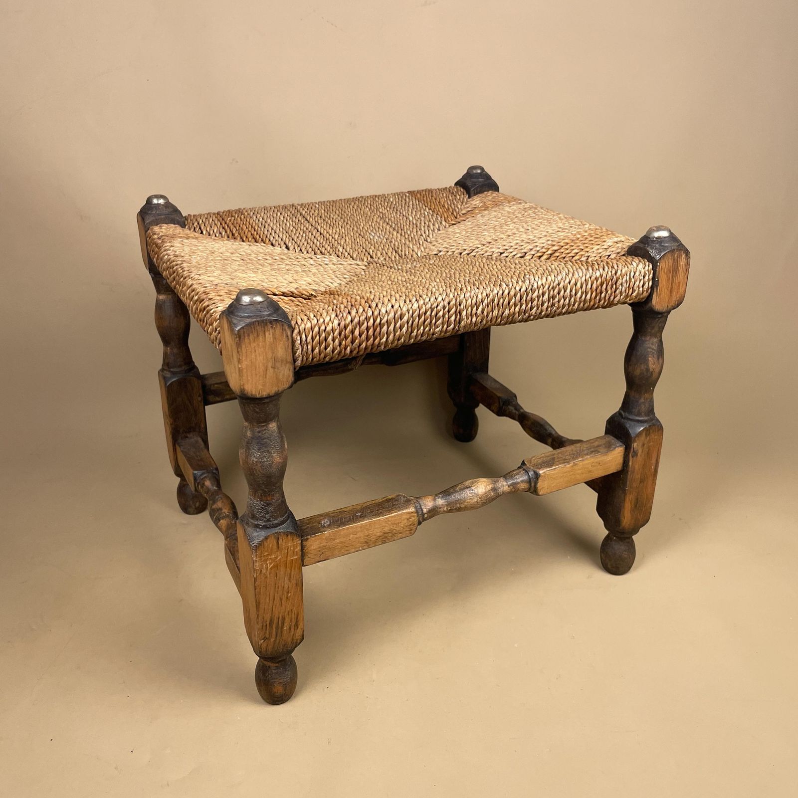 Wooden Foot Stool Woven String Wood Cottage Furniture Rectangle Brown Hallway Seat 31.6x35.5x30.5cm Footstool Bench Antique Vintage