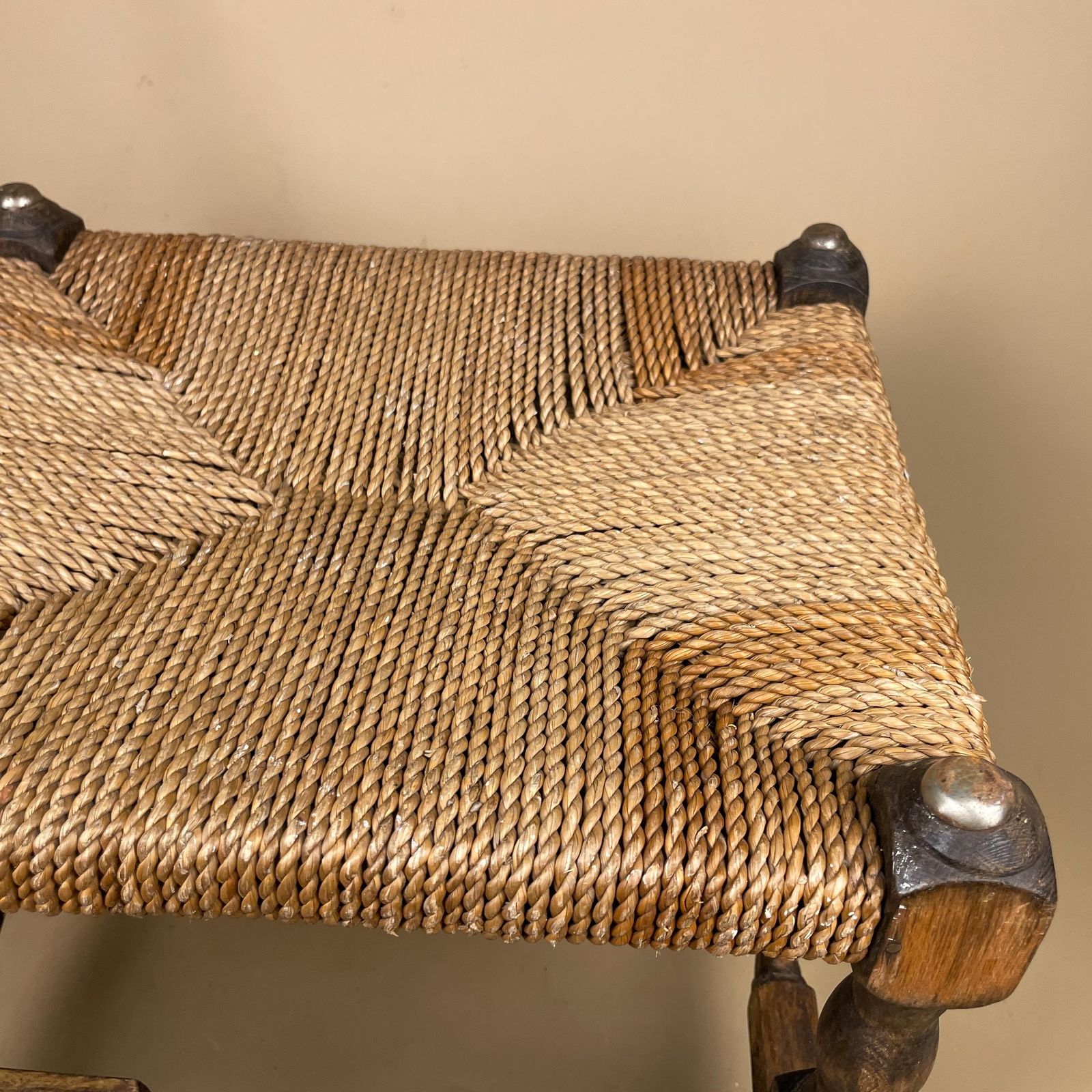 Wooden Foot Stool Woven String Wood Cottage Furniture Rectangle Brown Hallway Seat 31.6x35.5x30.5cm Footstool Bench Antique Vintage photo 69.0