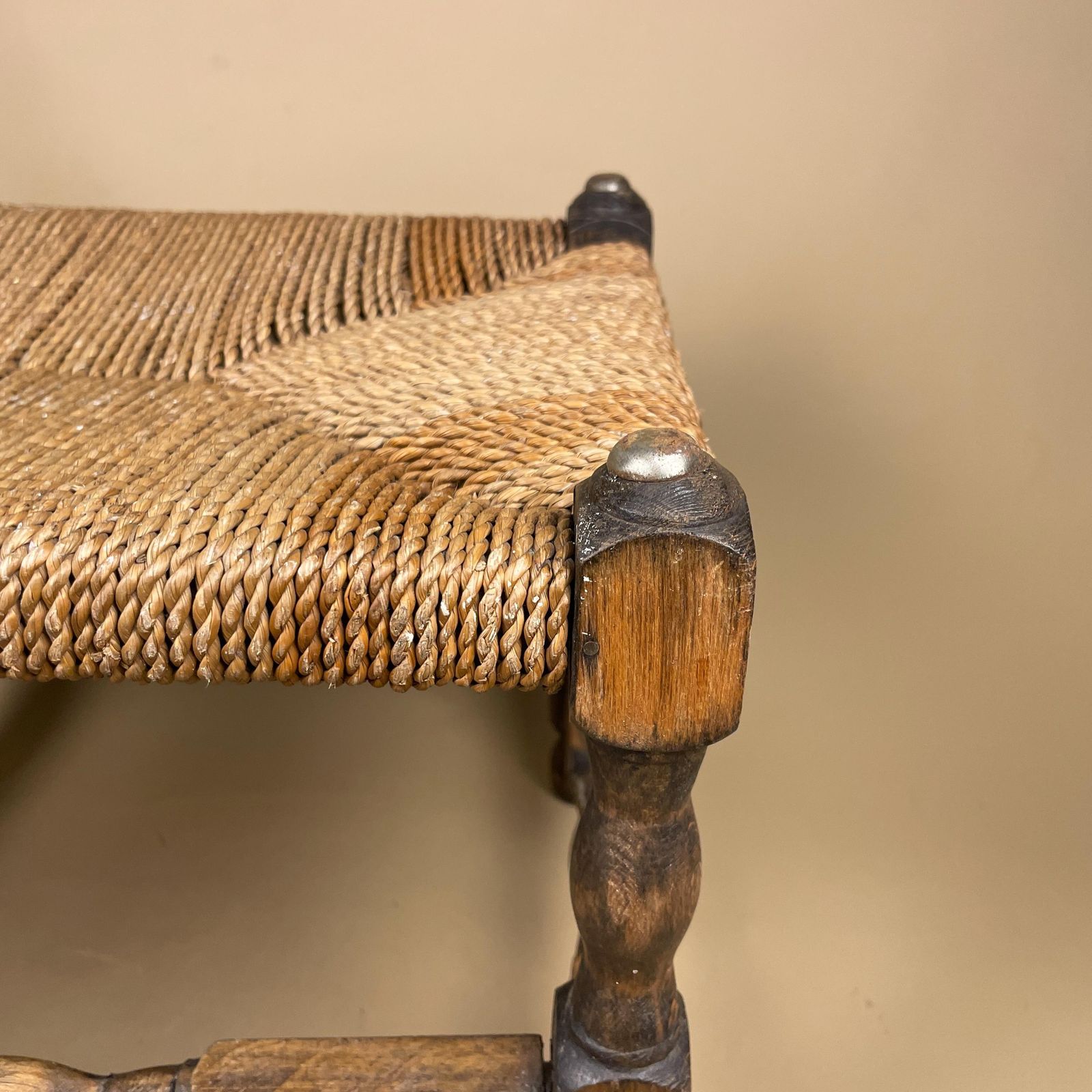Wooden Foot Stool Woven String Wood Cottage Furniture Rectangle Brown Hallway Seat 31.6x35.5x30.5cm Footstool Bench Antique Vintage photo vinterior