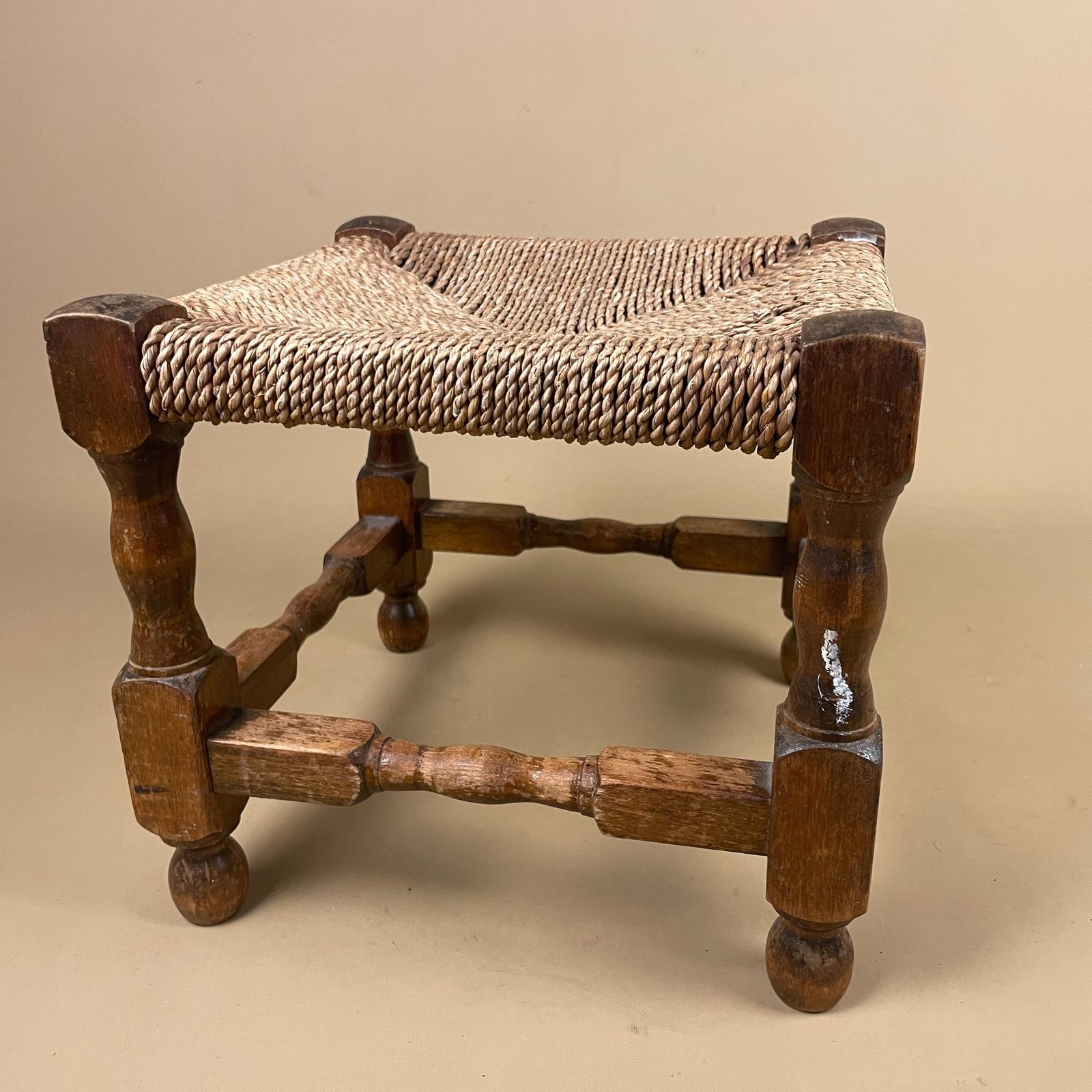 Wooden Foot Stool Woven String Wood Cottage Furniture Square Brown Hallway Seat 24.7x27x27cm Footstool Bench Antique Vintage photo buy