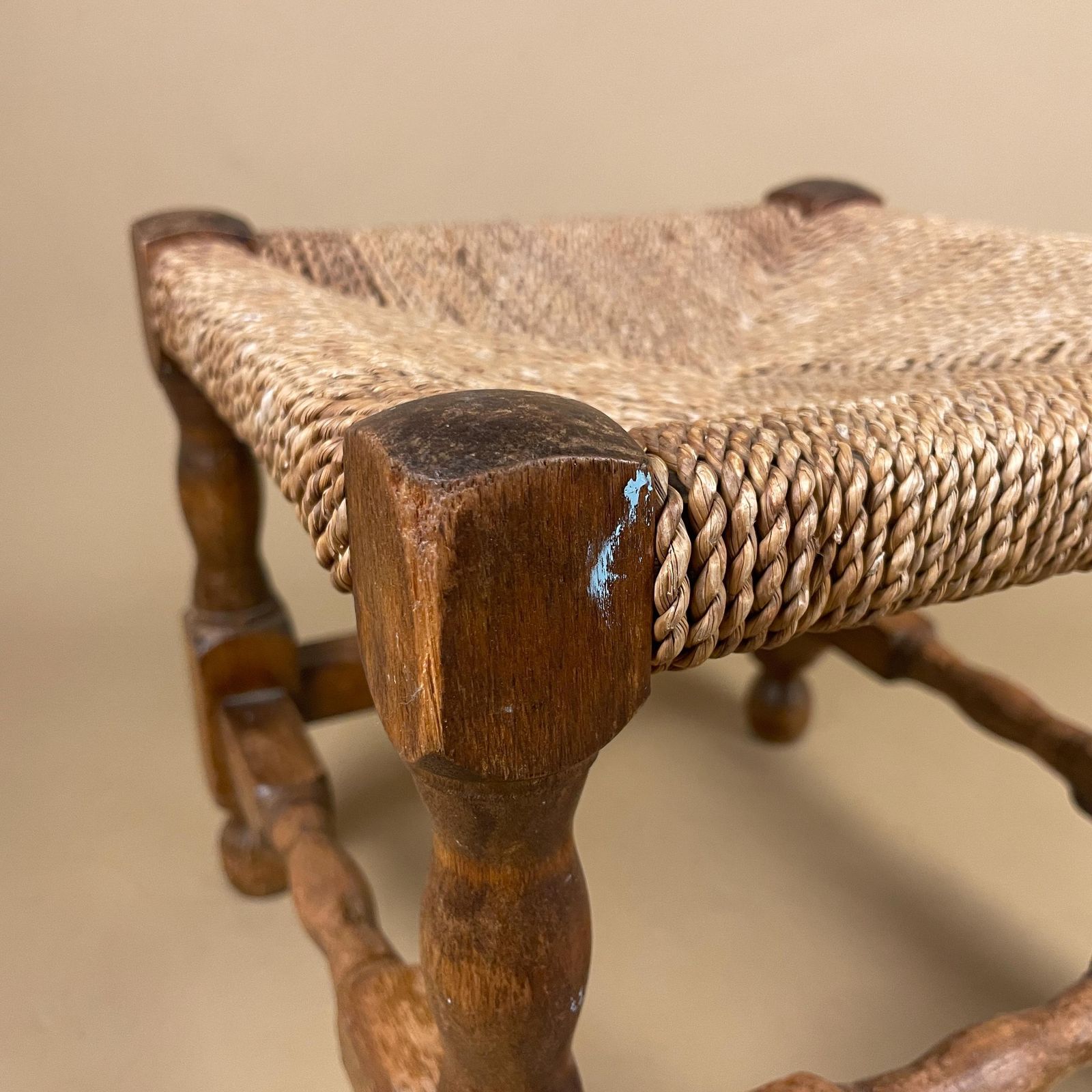 Wooden Foot Stool Woven String Wood Cottage Furniture Square Brown Hallway Seat 24.7x27x27cm Footstool Bench Antique Vintage photo vintage
