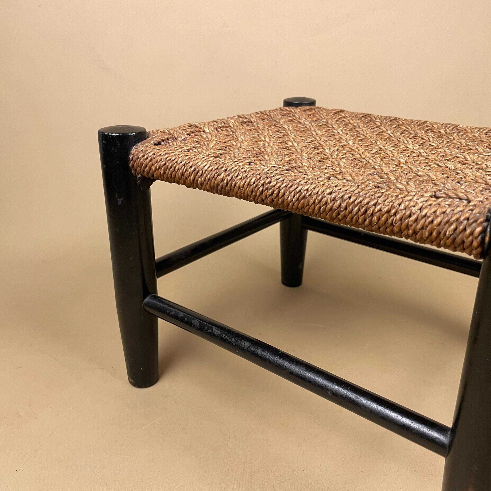 photo for sale Wooden Foot Stool Woven String Wood Cottage Furniture Rectangle Brown Hallway Seat 22.2x30.6x26.7cm Footstool Bench Antique Vintage